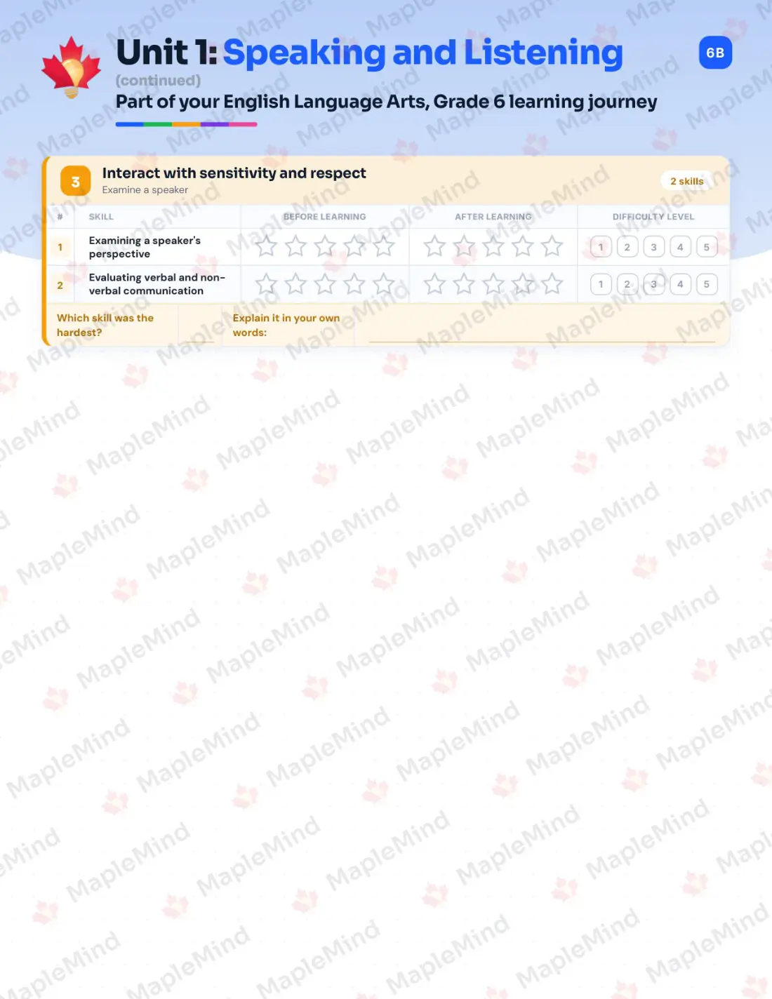 Page 7 of 26 from the English Language Arts, Grade 6 Newfoundland and Labrador Course Companion — skills tracker with before and after self-assessment