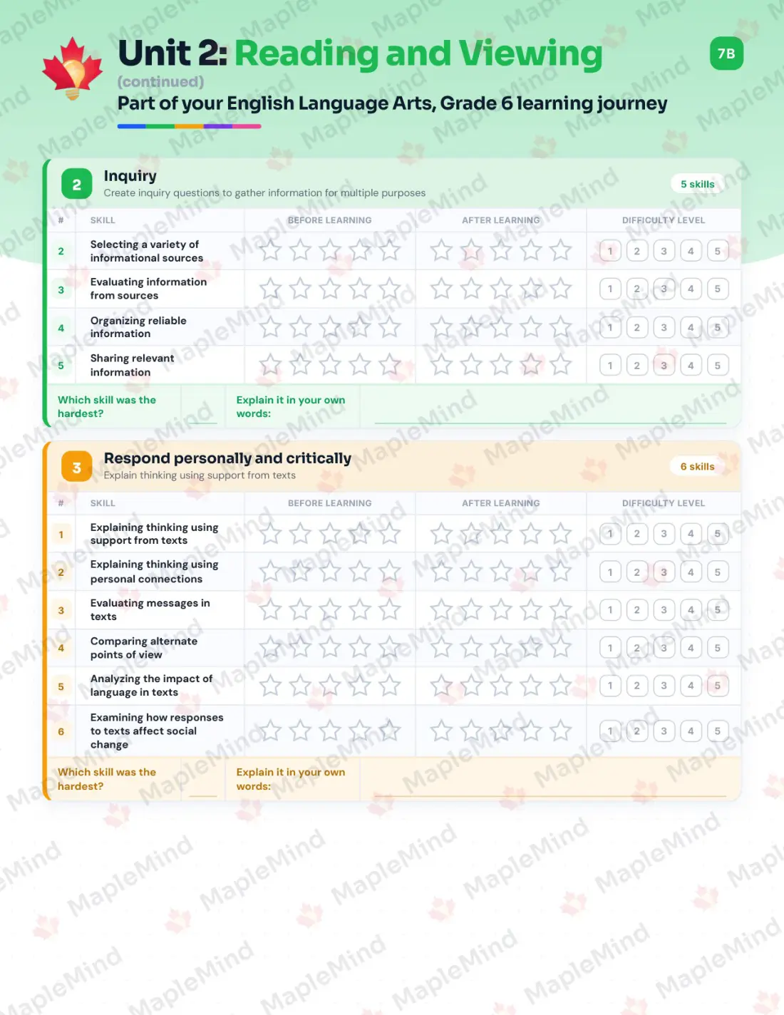 Page 11 of 26 from the English Language Arts, Grade 6 Newfoundland and Labrador Course Companion — skills tracker with before and after self-assessment