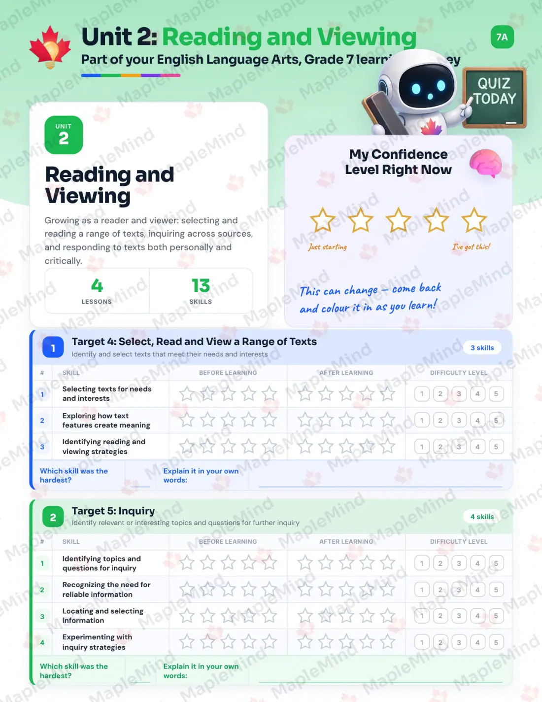 Page 10 of 26 from the English Language Arts, Grade 7 Newfoundland and Labrador Course Companion — skills tracker with before and after self-assessment