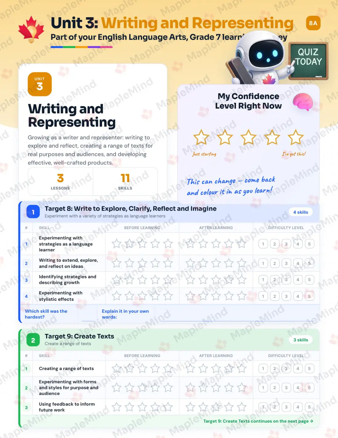 Page 14 of 26 from the English Language Arts, Grade 7 Newfoundland and Labrador Course Companion — skills tracker with before and after self-assessment