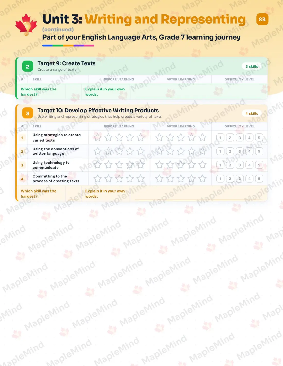 Page 15 of 26 from the English Language Arts, Grade 7 Newfoundland and Labrador Course Companion — skills tracker with before and after self-assessment