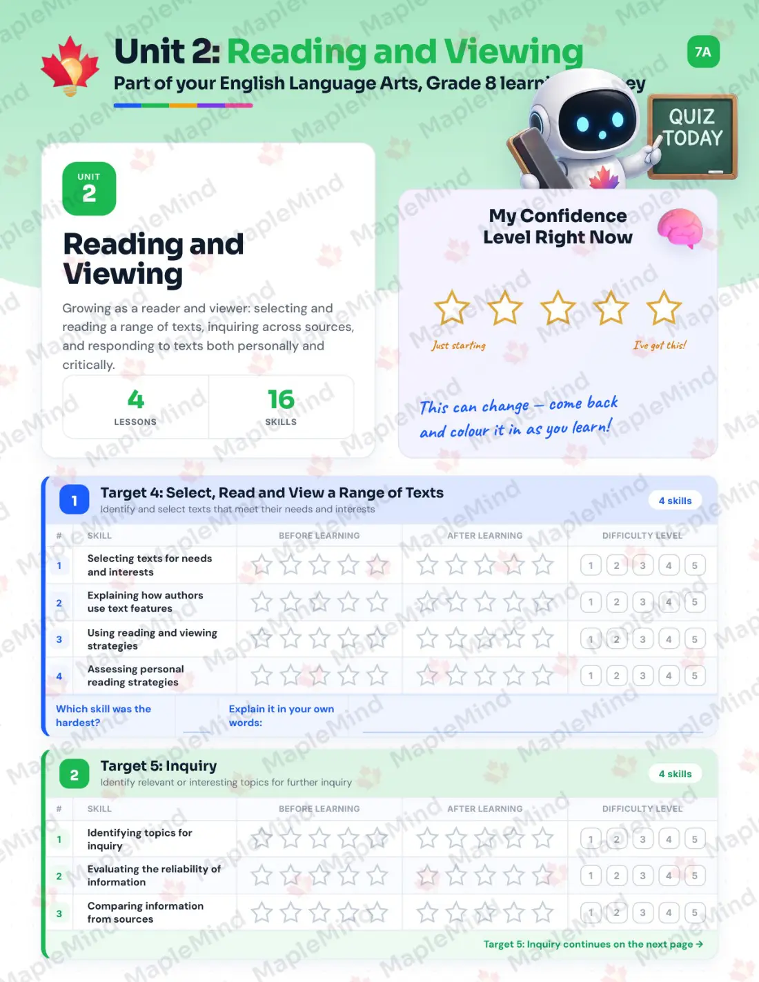 Page 10 of 26 from the English Language Arts, Grade 8 Newfoundland and Labrador Course Companion — skills tracker with before and after self-assessment