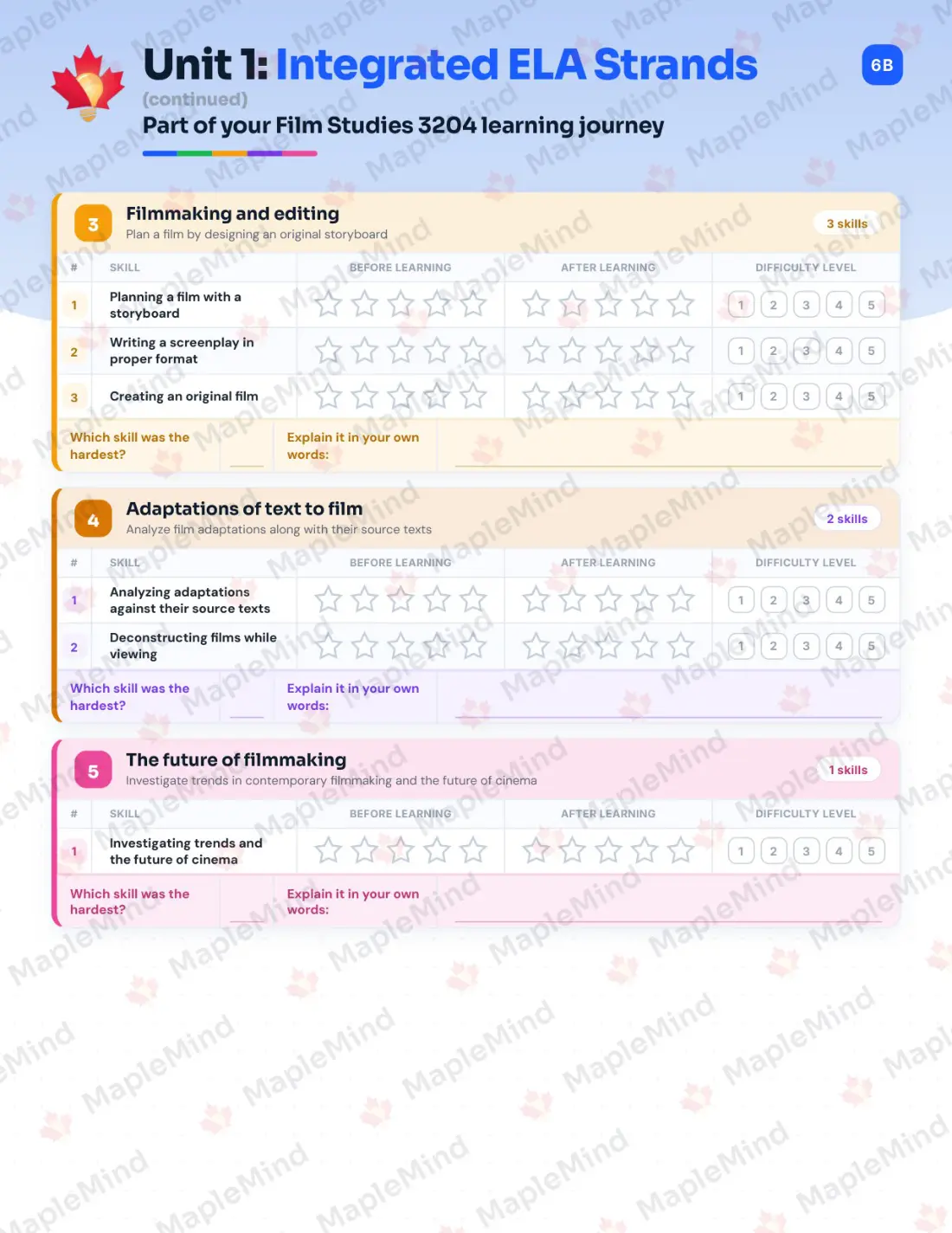 Page 7 of 18 from the Film Studies 3204 Newfoundland and Labrador Course Companion — skills tracker with before and after self-assessment