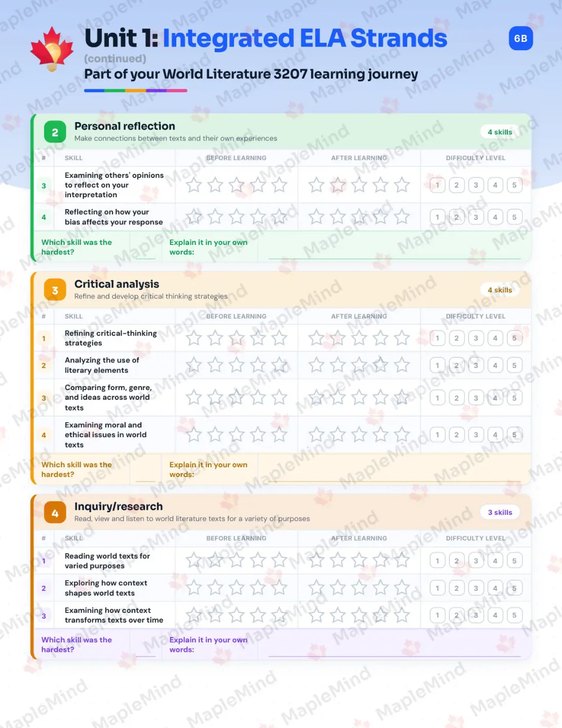 Page 7 of 18 from the World Literature 3207 Newfoundland and Labrador Course Companion — skills tracker with before and after self-assessment