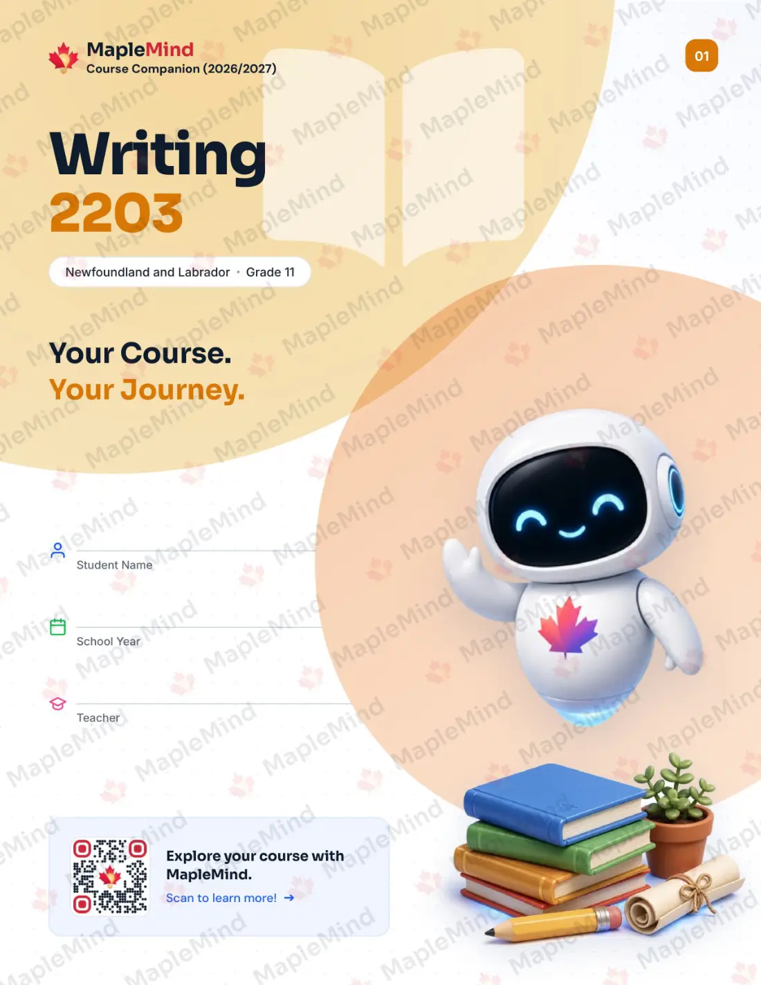 Page 1 of 18 from the Writing 2203 Newfoundland and Labrador Course Companion — workbook cover