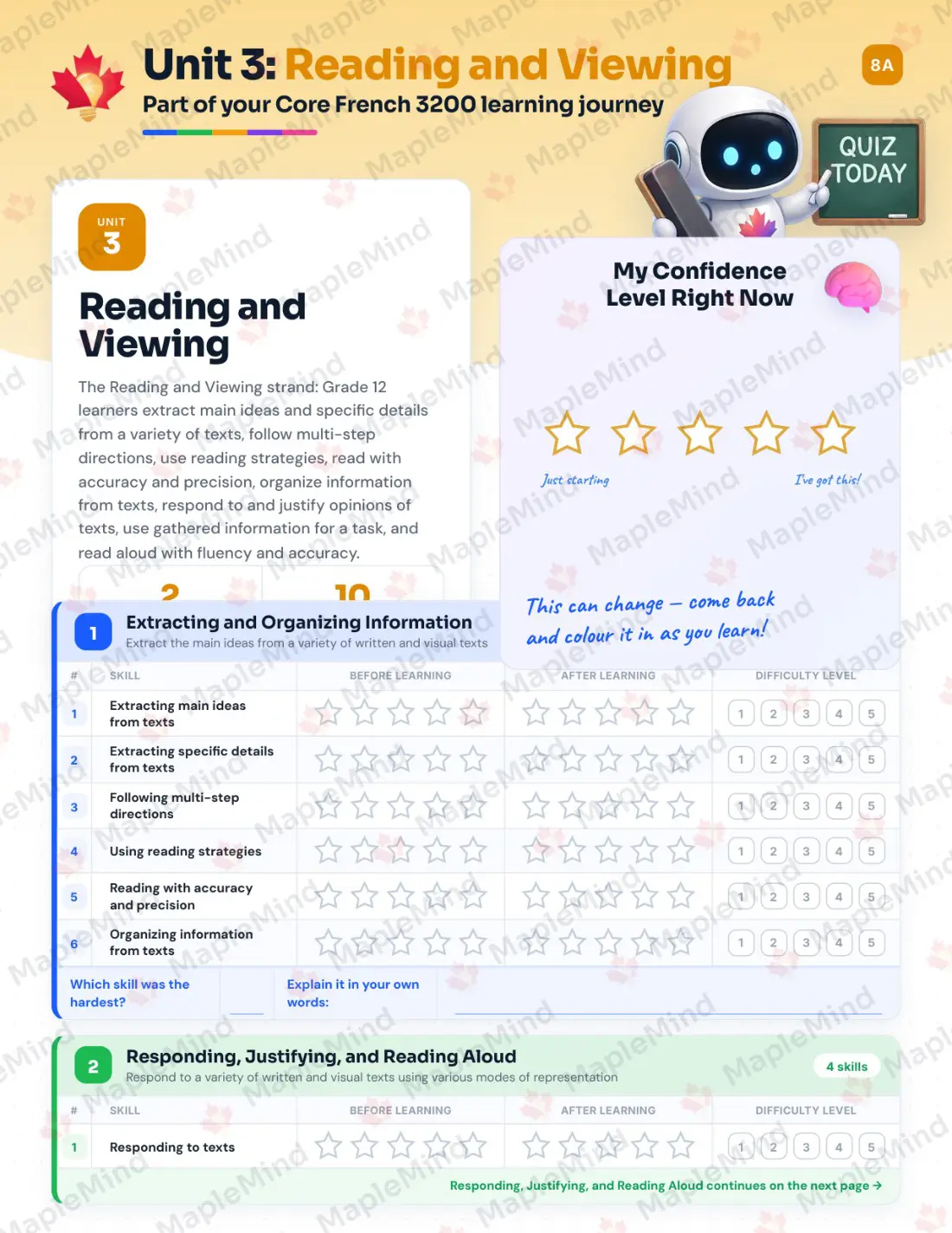 Page 13 of 32 from the Core French 3200 Newfoundland and Labrador Course Companion — skills tracker with before and after self-assessment