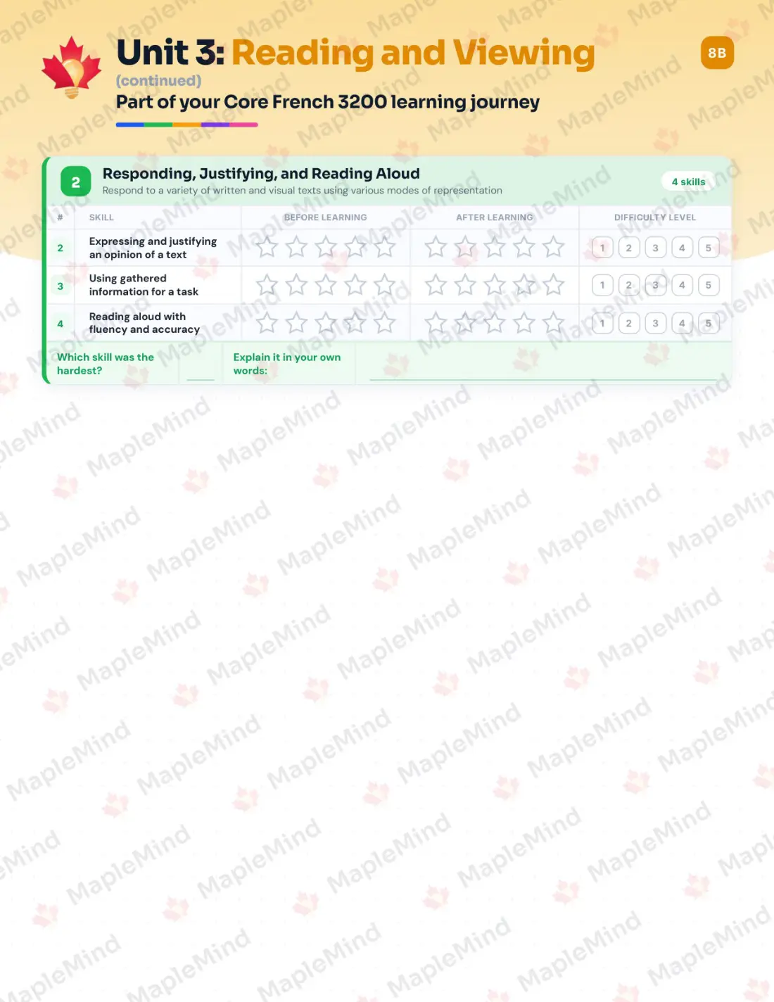 Page 14 of 32 from the Core French 3200 Newfoundland and Labrador Course Companion — skills tracker with before and after self-assessment