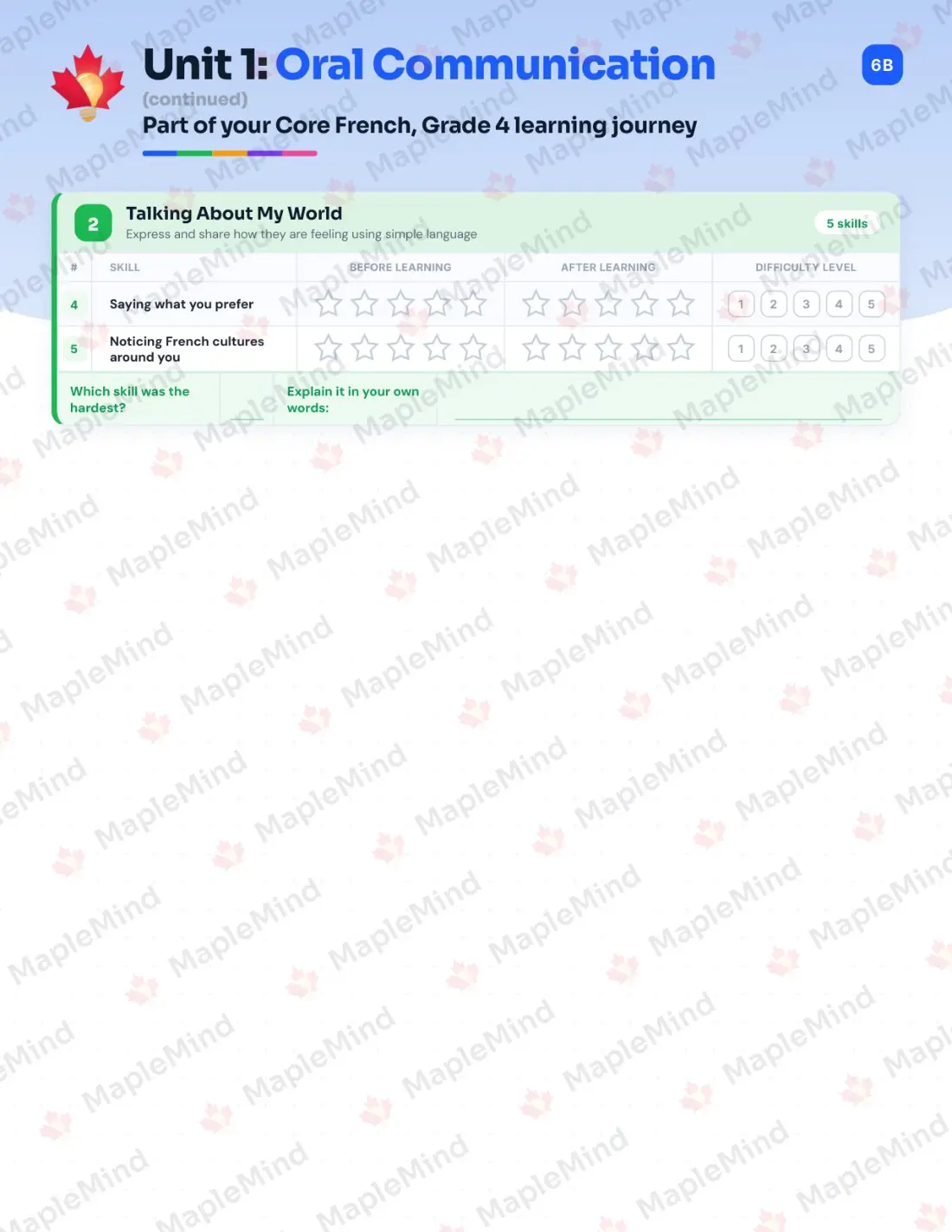 Page 7 of 24 from the Core French, Grade 4 Newfoundland and Labrador Course Companion — skills tracker with before and after self-assessment