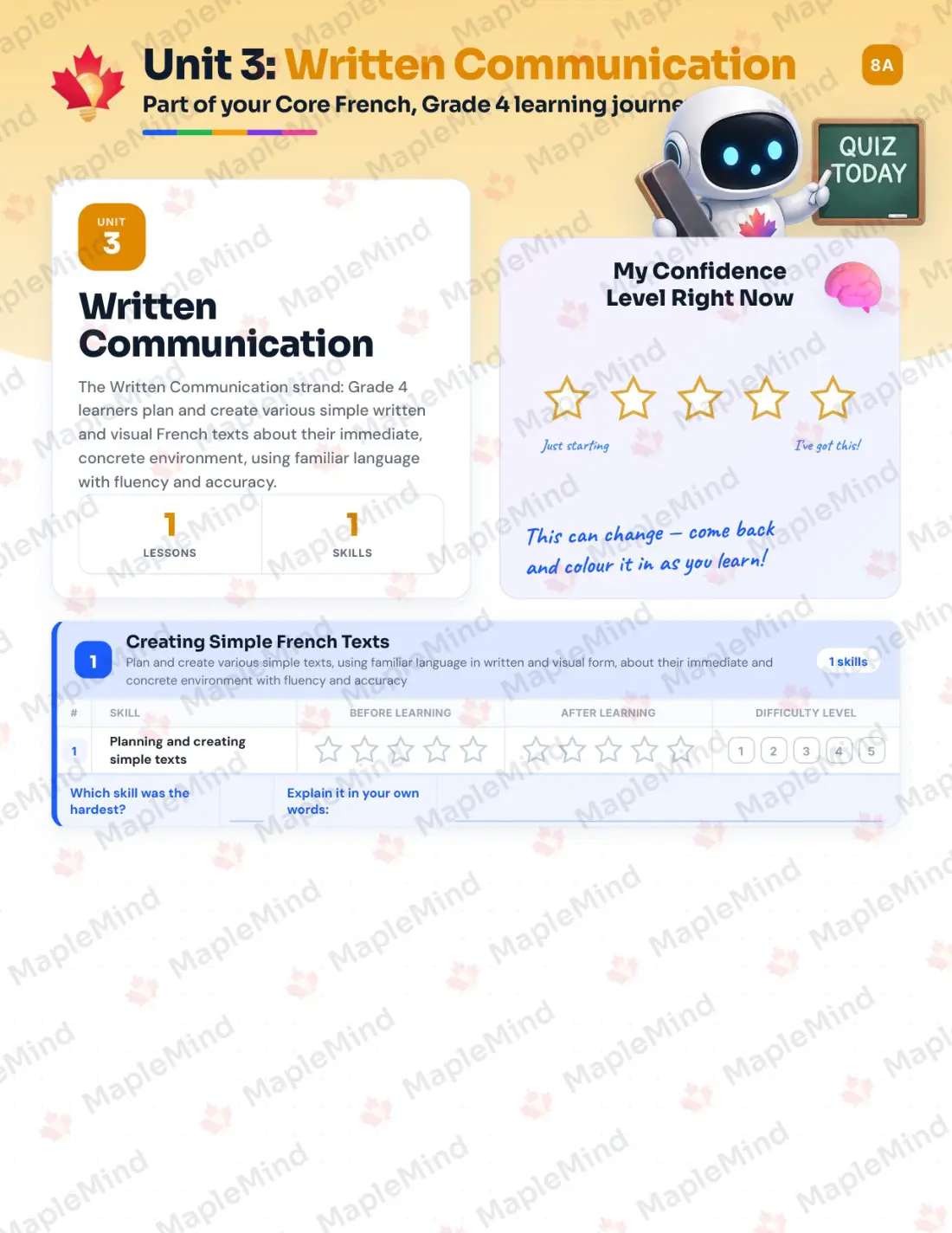 Page 13 of 24 from the Core French, Grade 4 Newfoundland and Labrador Course Companion — skills tracker with before and after self-assessment