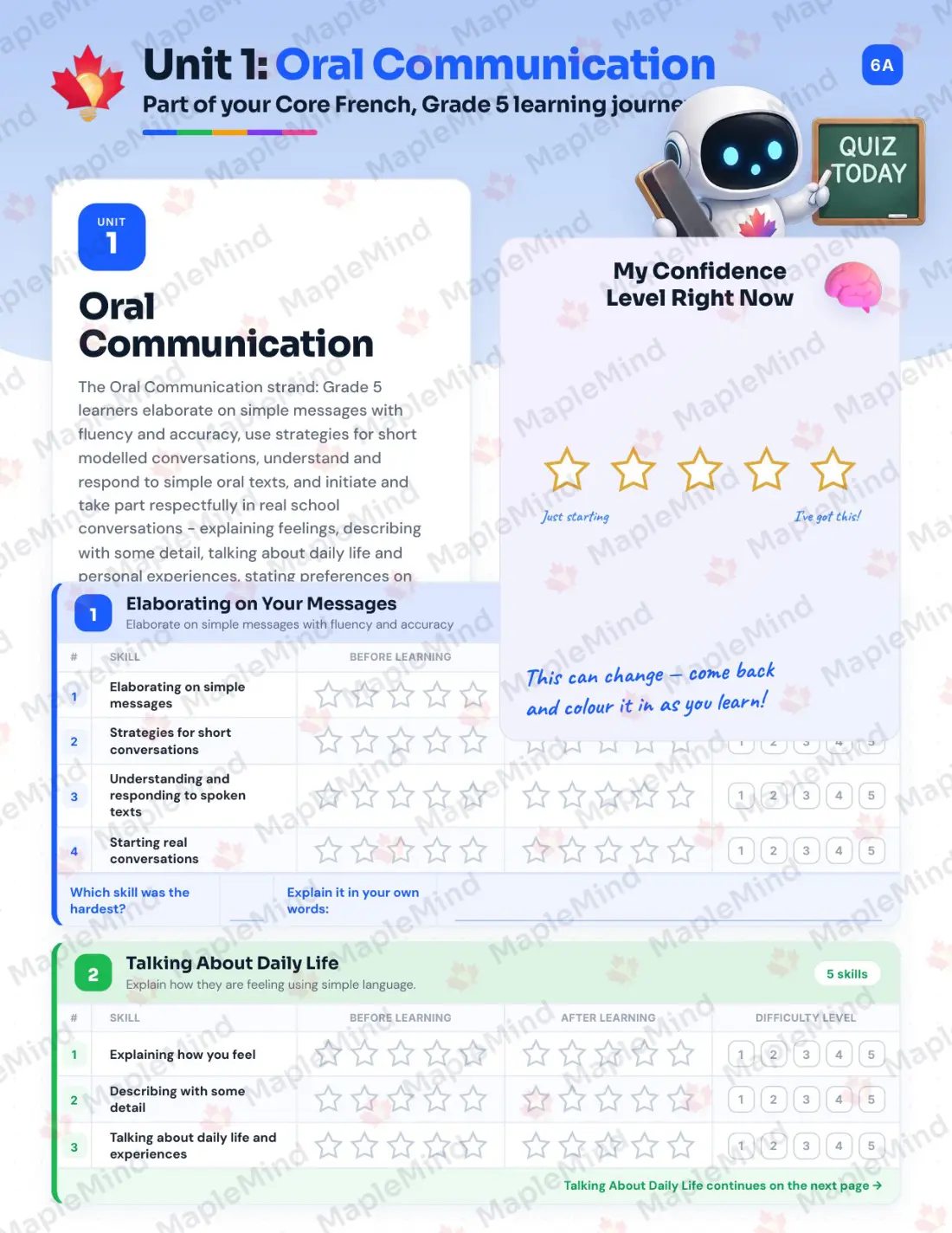 Page 6 of 24 from the Core French, Grade 5 Newfoundland and Labrador Course Companion — skills tracker with before and after self-assessment