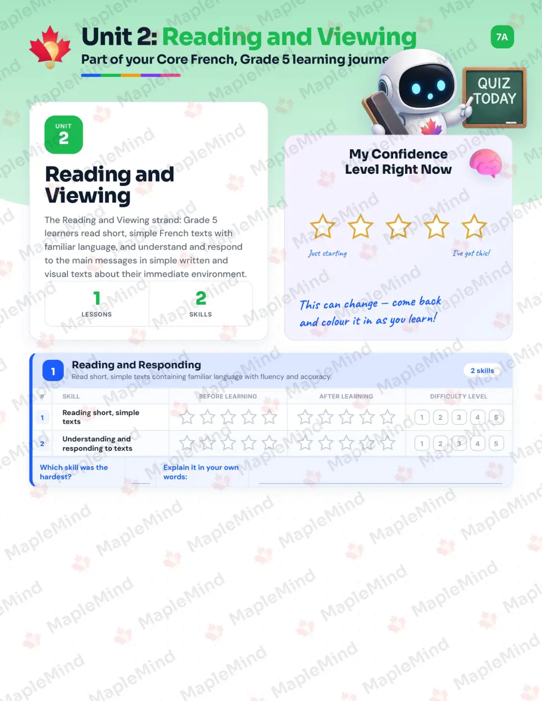 Page 10 of 24 from the Core French, Grade 5 Newfoundland and Labrador Course Companion — skills tracker with before and after self-assessment