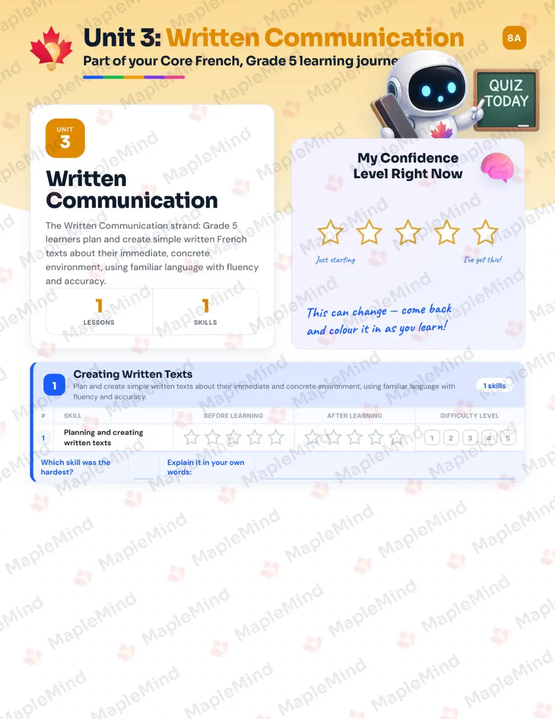 Page 13 of 24 from the Core French, Grade 5 Newfoundland and Labrador Course Companion — skills tracker with before and after self-assessment