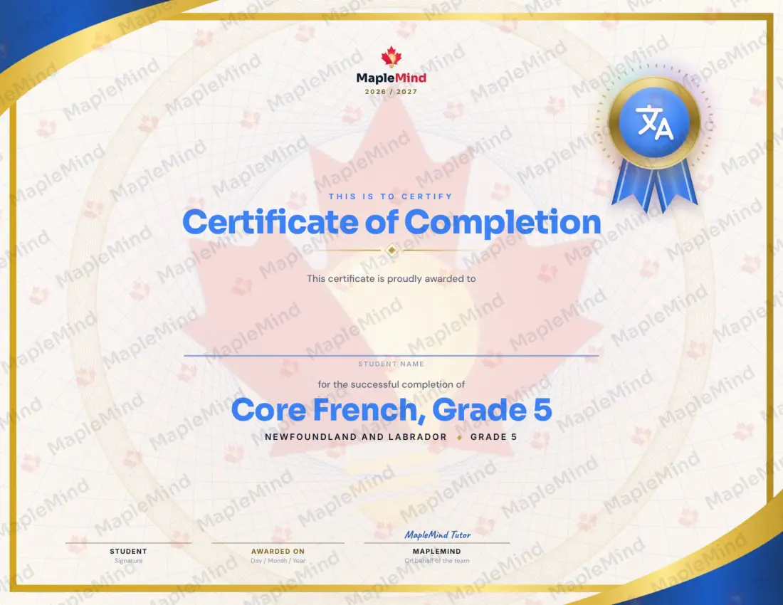 Page 24 of 24 from the Core French, Grade 5 Newfoundland and Labrador Course Companion — year in review and certificate of completion