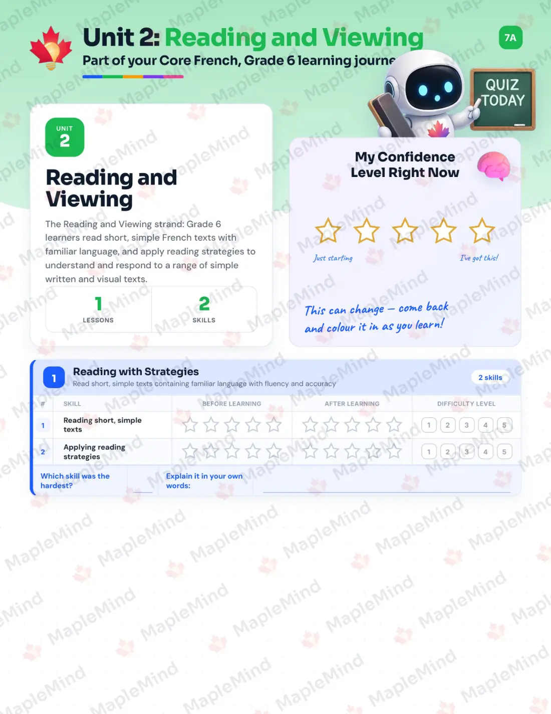 Page 10 of 24 from the Core French, Grade 6 Newfoundland and Labrador Course Companion — skills tracker with before and after self-assessment