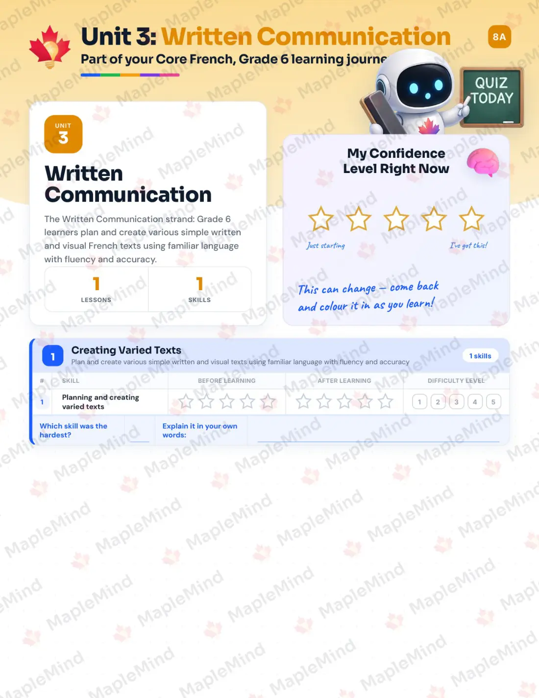 Page 13 of 24 from the Core French, Grade 6 Newfoundland and Labrador Course Companion — skills tracker with before and after self-assessment
