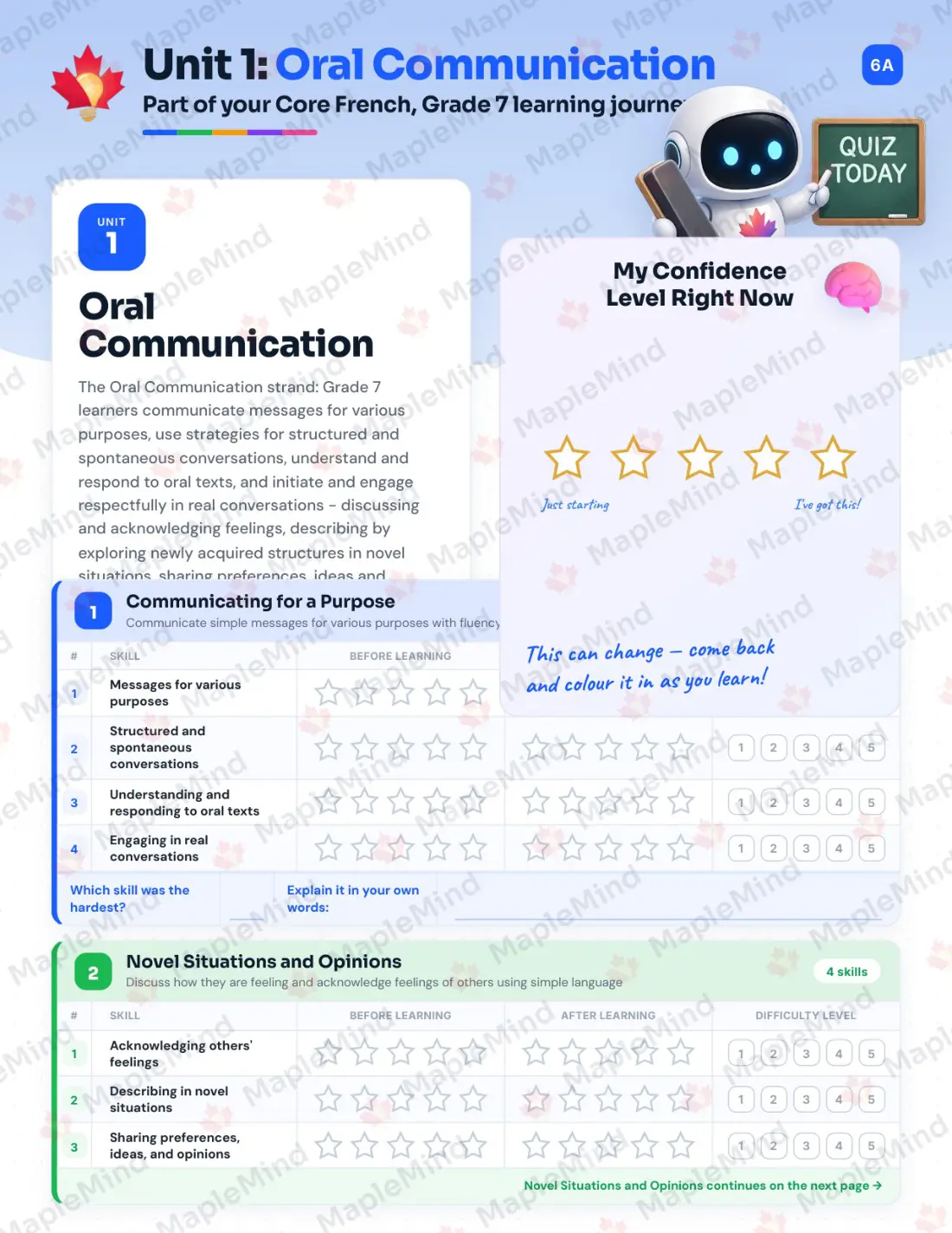 Page 6 of 24 from the Core French, Grade 7 Newfoundland and Labrador Course Companion — skills tracker with before and after self-assessment
