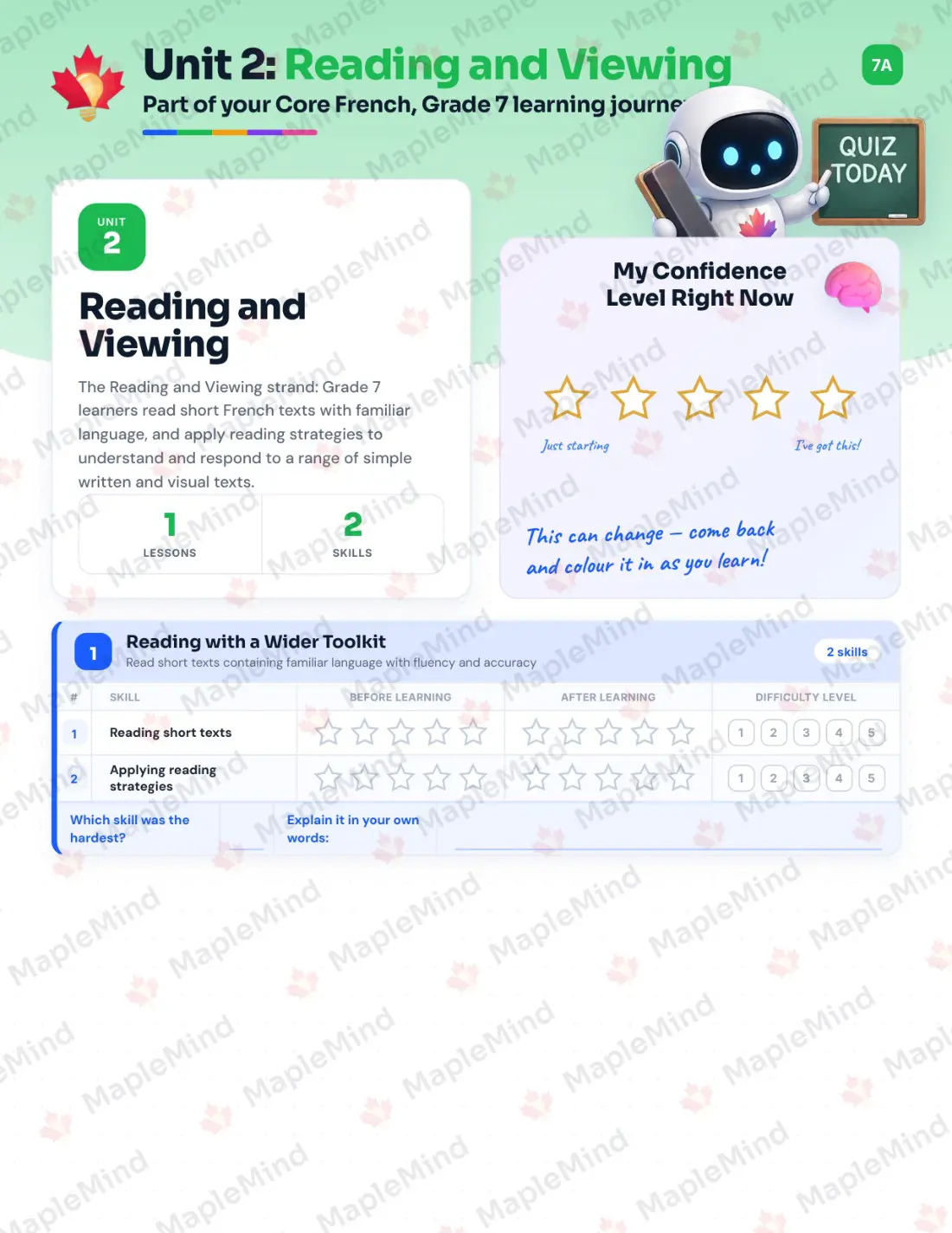 Page 10 of 24 from the Core French, Grade 7 Newfoundland and Labrador Course Companion — skills tracker with before and after self-assessment