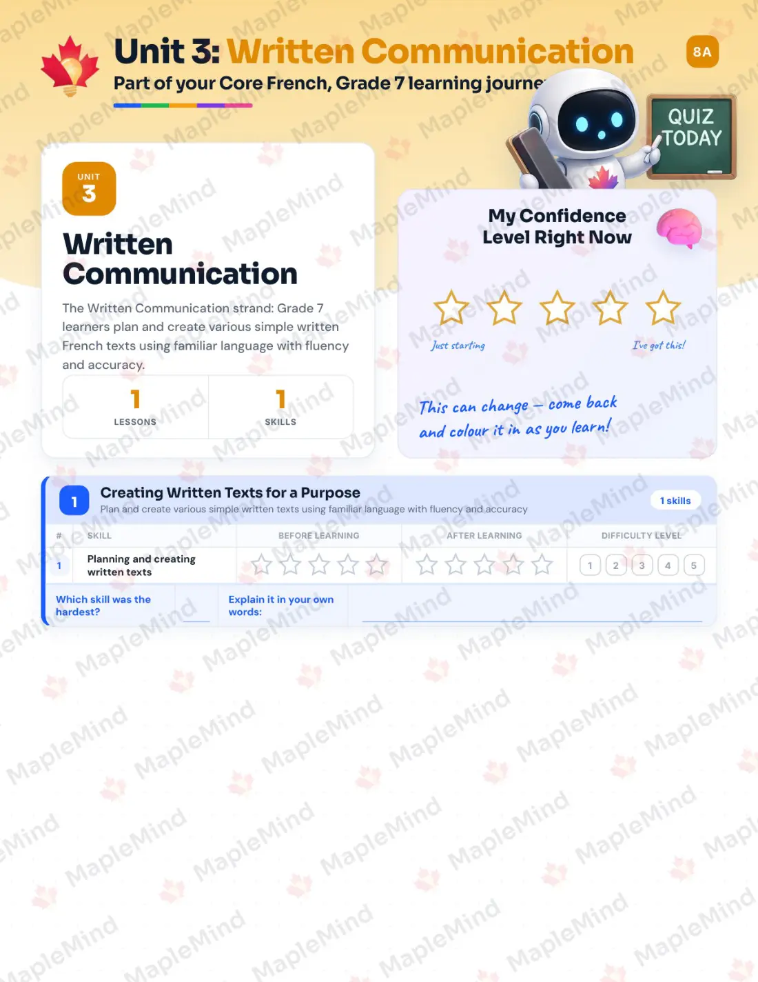 Page 13 of 24 from the Core French, Grade 7 Newfoundland and Labrador Course Companion — skills tracker with before and after self-assessment