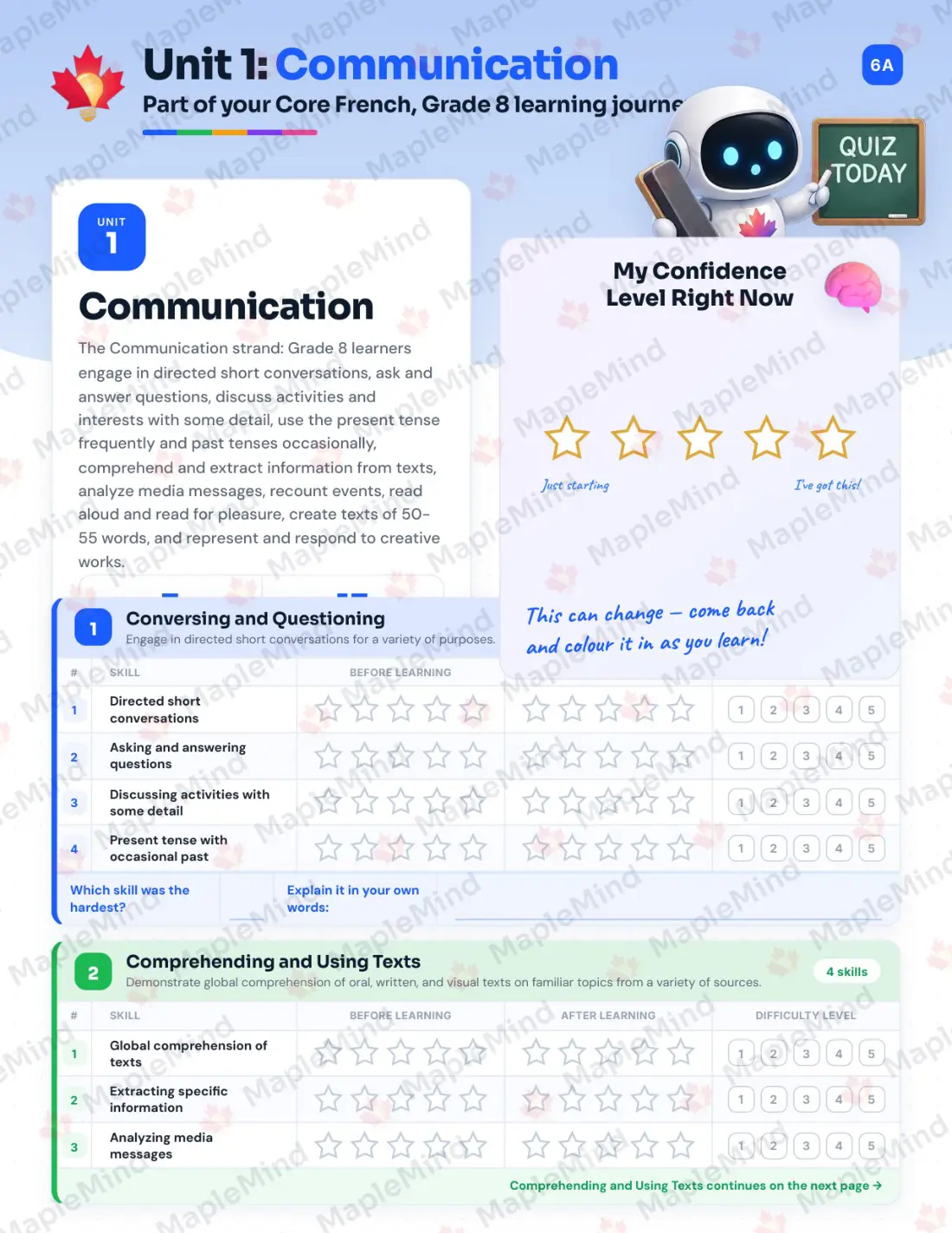 Page 6 of 25 from the Core French, Grade 8 Newfoundland and Labrador Course Companion — skills tracker with before and after self-assessment