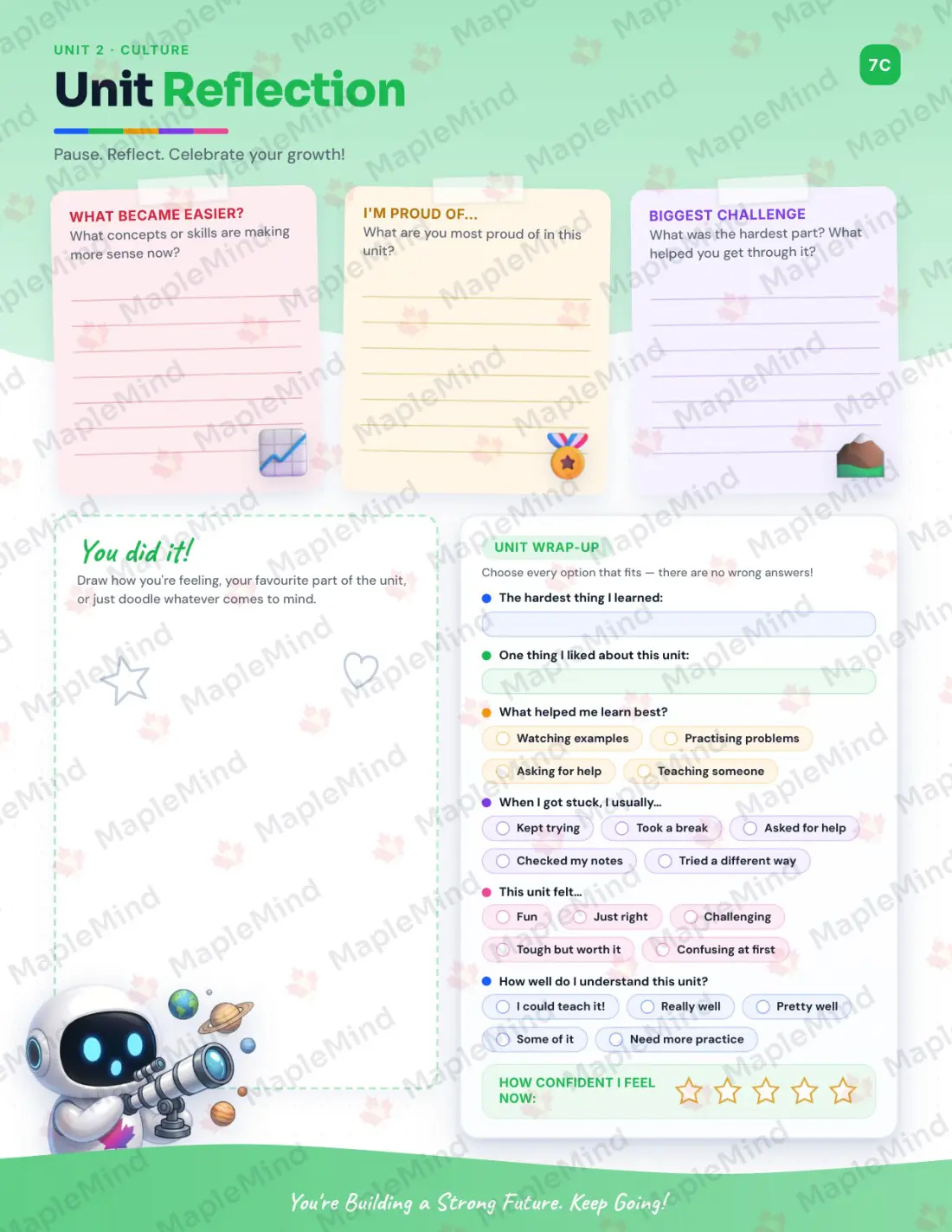 Page 12 of 25 from the Core French, Grade 8 Newfoundland and Labrador Course Companion — skills tracker with before and after self-assessment