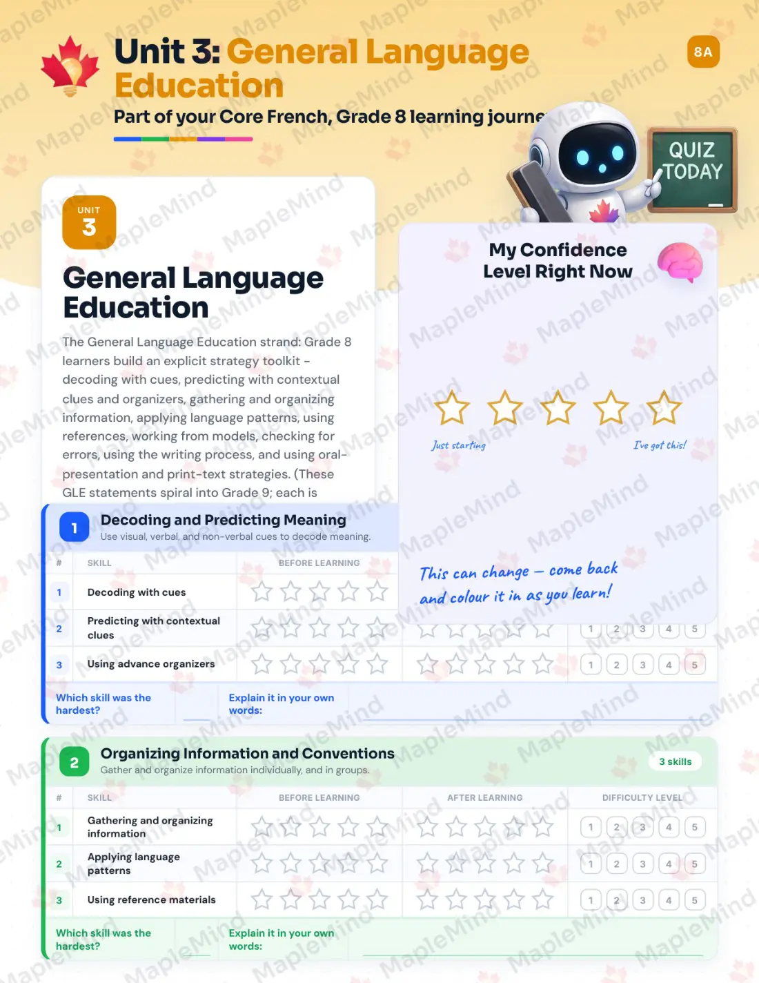 Page 13 of 25 from the Core French, Grade 8 Newfoundland and Labrador Course Companion — skills tracker with before and after self-assessment