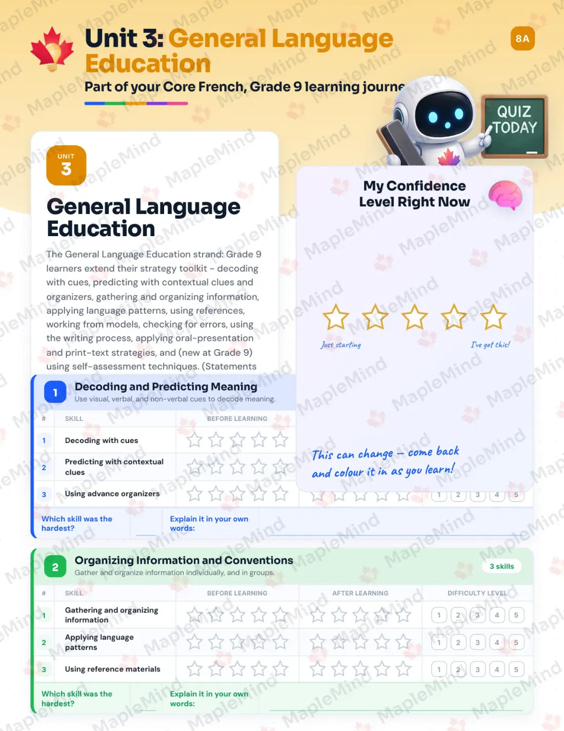 Page 13 of 25 from the Core French, Grade 9 Newfoundland and Labrador Course Companion — skills tracker with before and after self-assessment