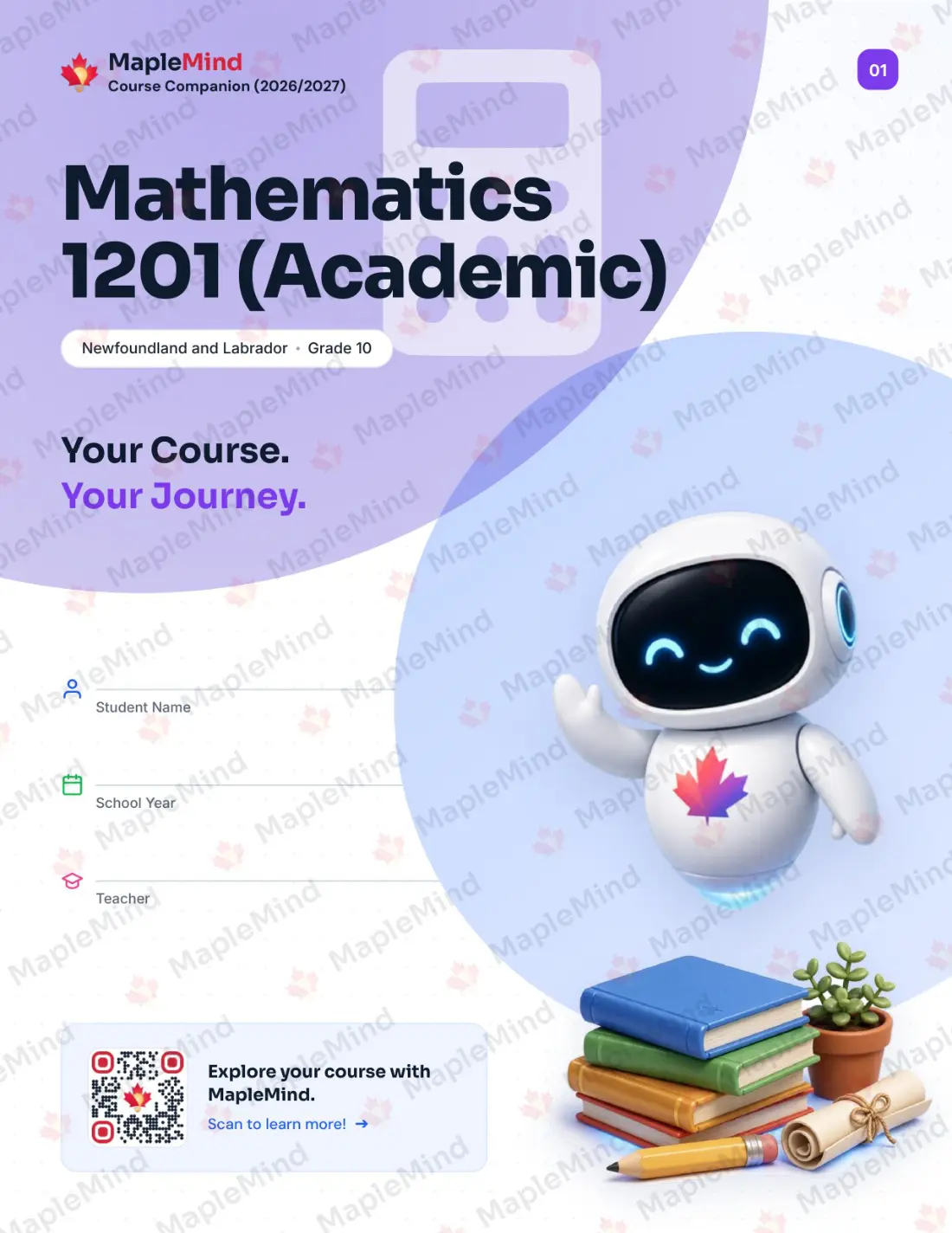 Page 1 of 33 from the Mathematics 1201 (Academic) Newfoundland and Labrador Course Companion — workbook cover
