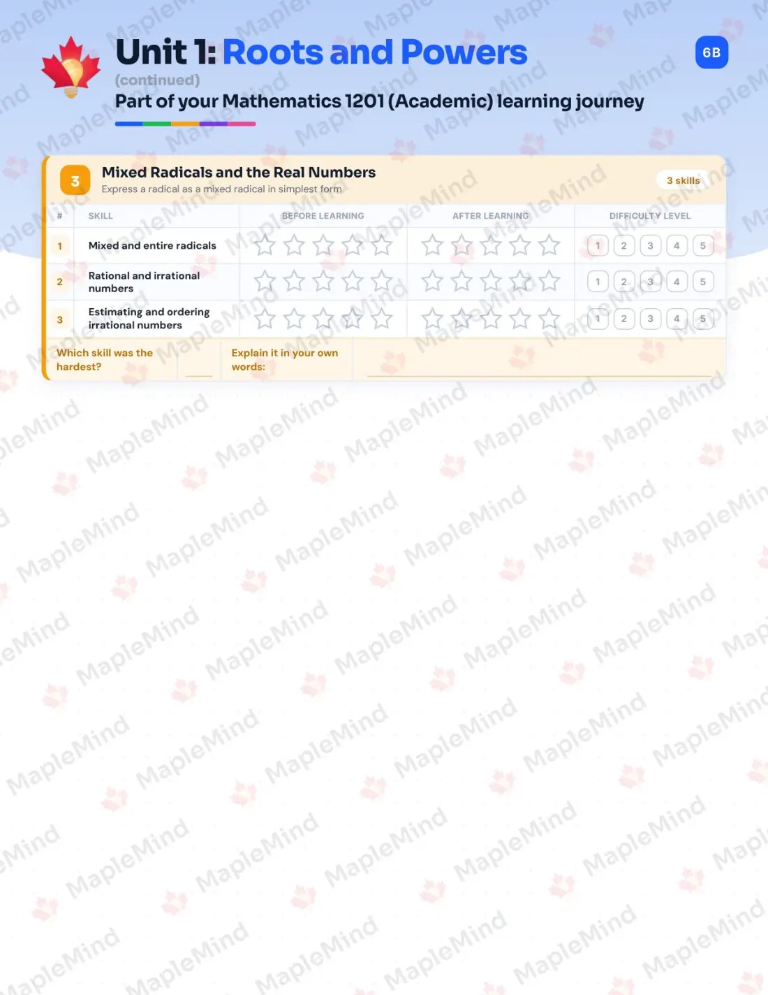 Page 7 of 33 from the Mathematics 1201 (Academic) Newfoundland and Labrador Course Companion — skills tracker with before and after self-assessment