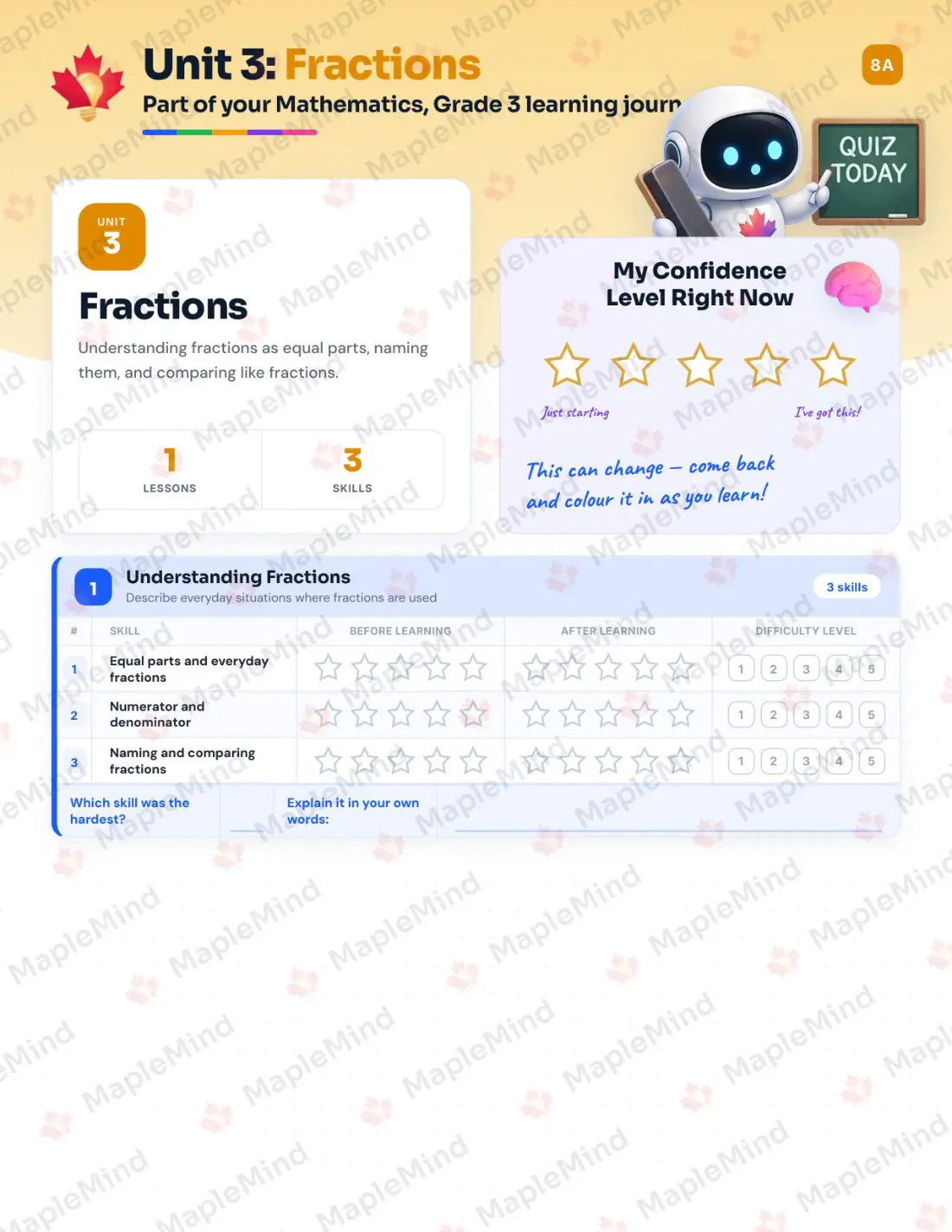 Page 13 of 47 from the Mathematics, Grade 3 Newfoundland and Labrador Course Companion — skills tracker with before and after self-assessment