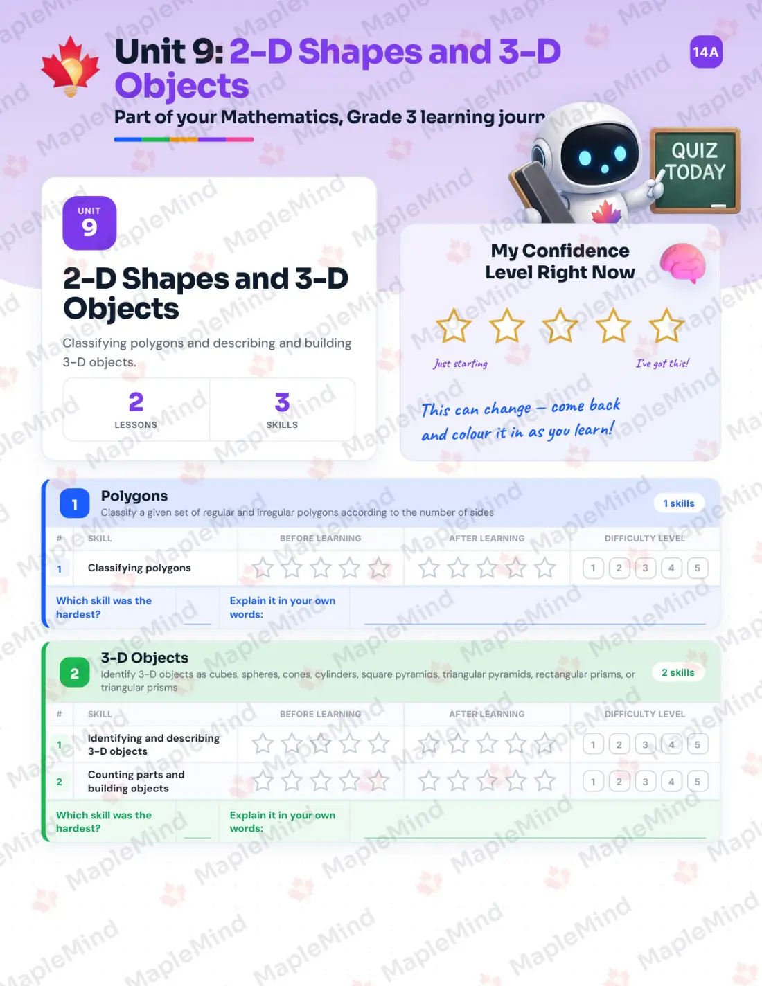 Page 31 of 47 from the Mathematics, Grade 3 Newfoundland and Labrador Course Companion — skills tracker with before and after self-assessment