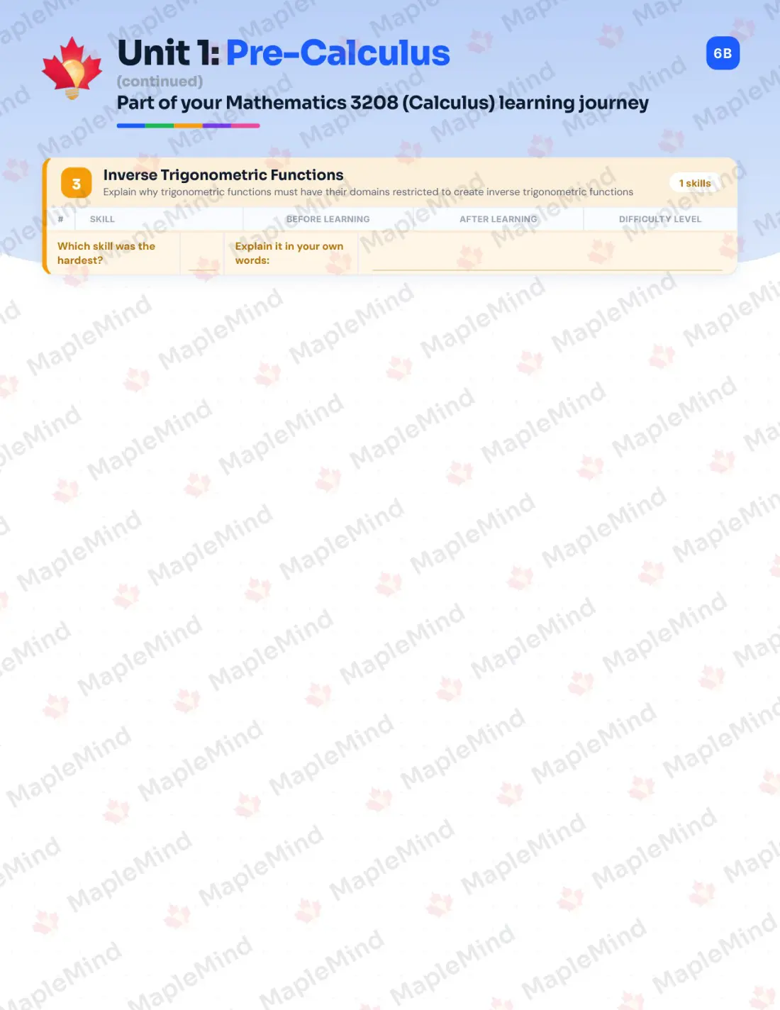 Page 7 of 31 from the Mathematics 3208 (Calculus) Newfoundland and Labrador Course Companion — skills tracker with before and after self-assessment