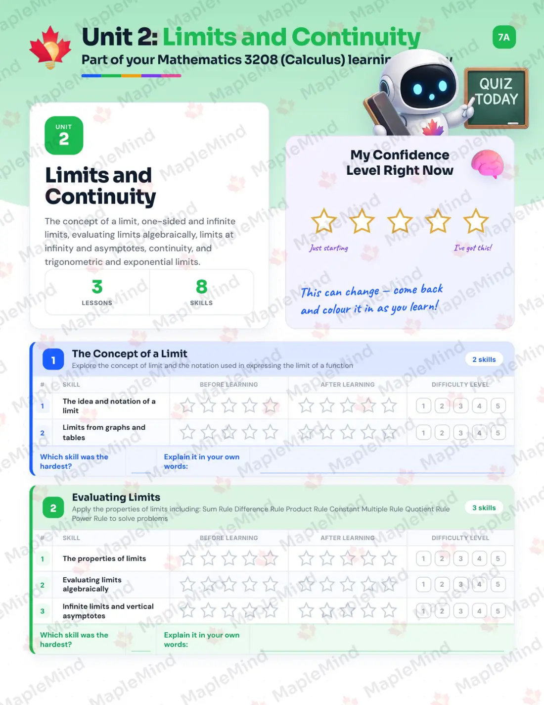 Page 10 of 31 from the Mathematics 3208 (Calculus) Newfoundland and Labrador Course Companion — skills tracker with before and after self-assessment