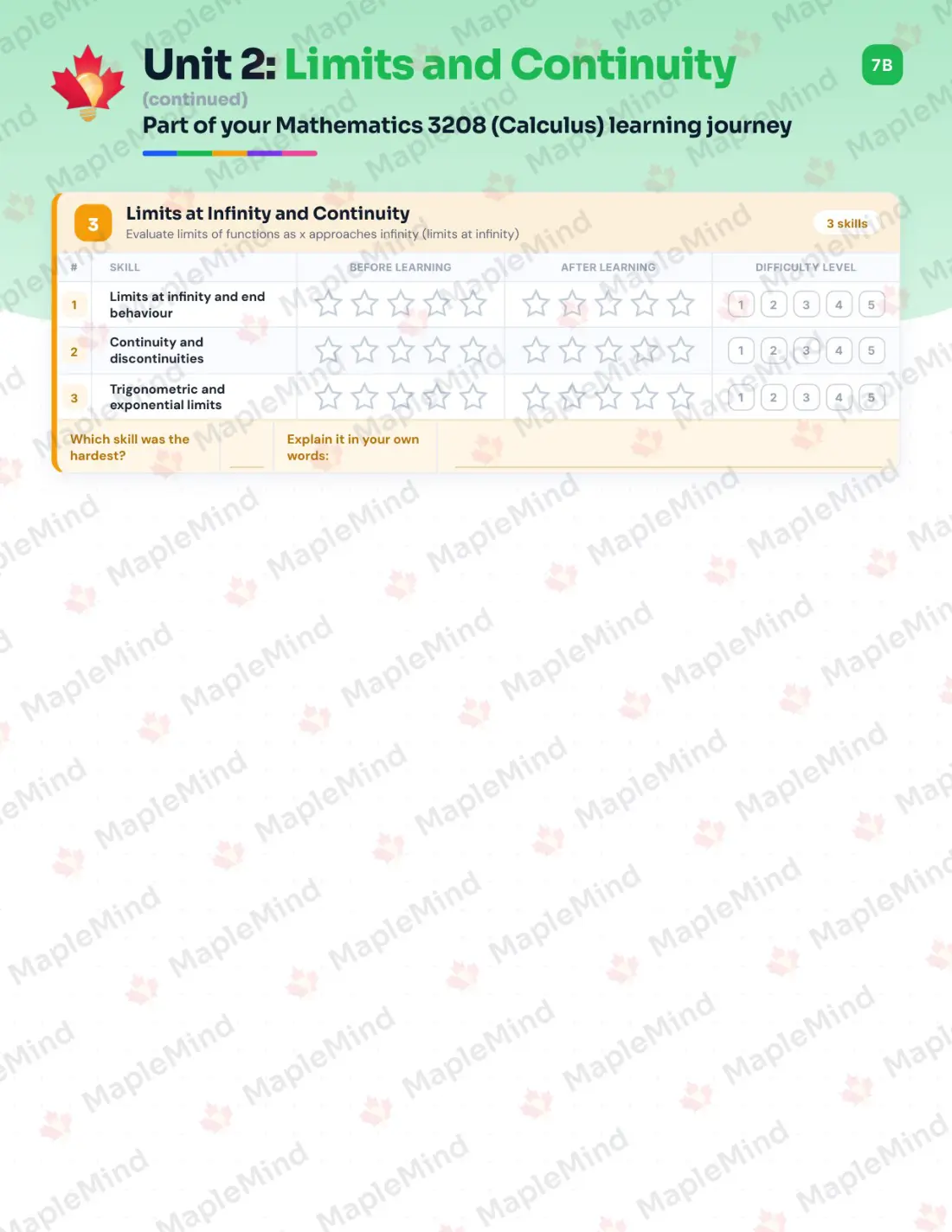 Page 11 of 31 from the Mathematics 3208 (Calculus) Newfoundland and Labrador Course Companion — skills tracker with before and after self-assessment