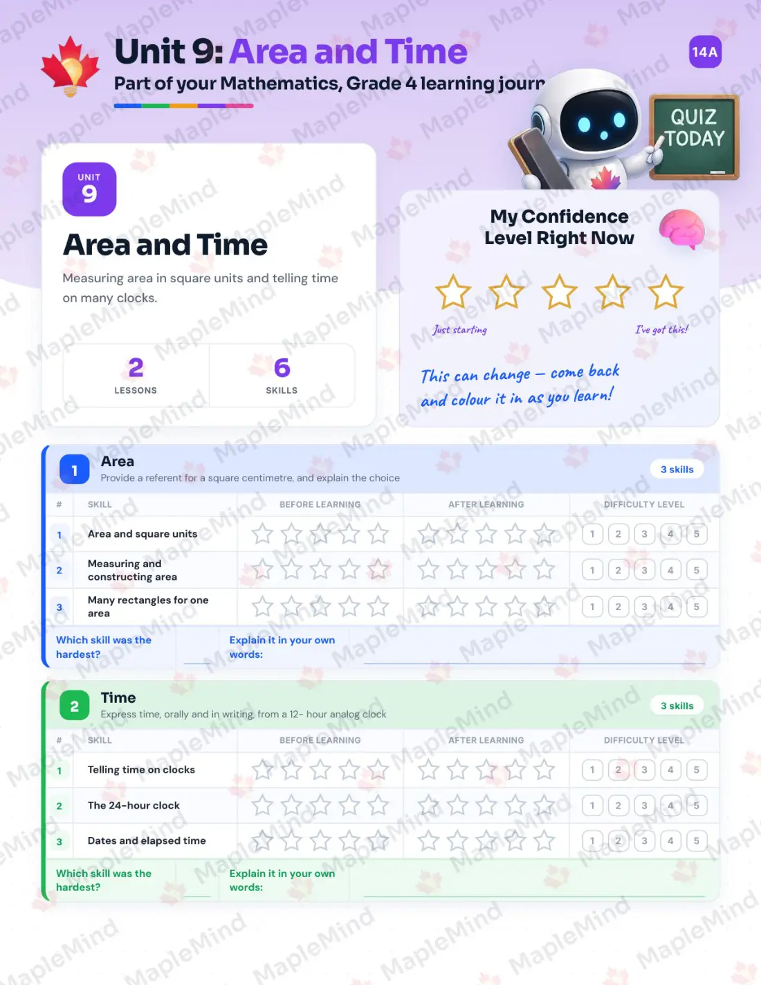 Page 32 of 51 from the Mathematics, Grade 4 Newfoundland and Labrador Course Companion — skills tracker with before and after self-assessment