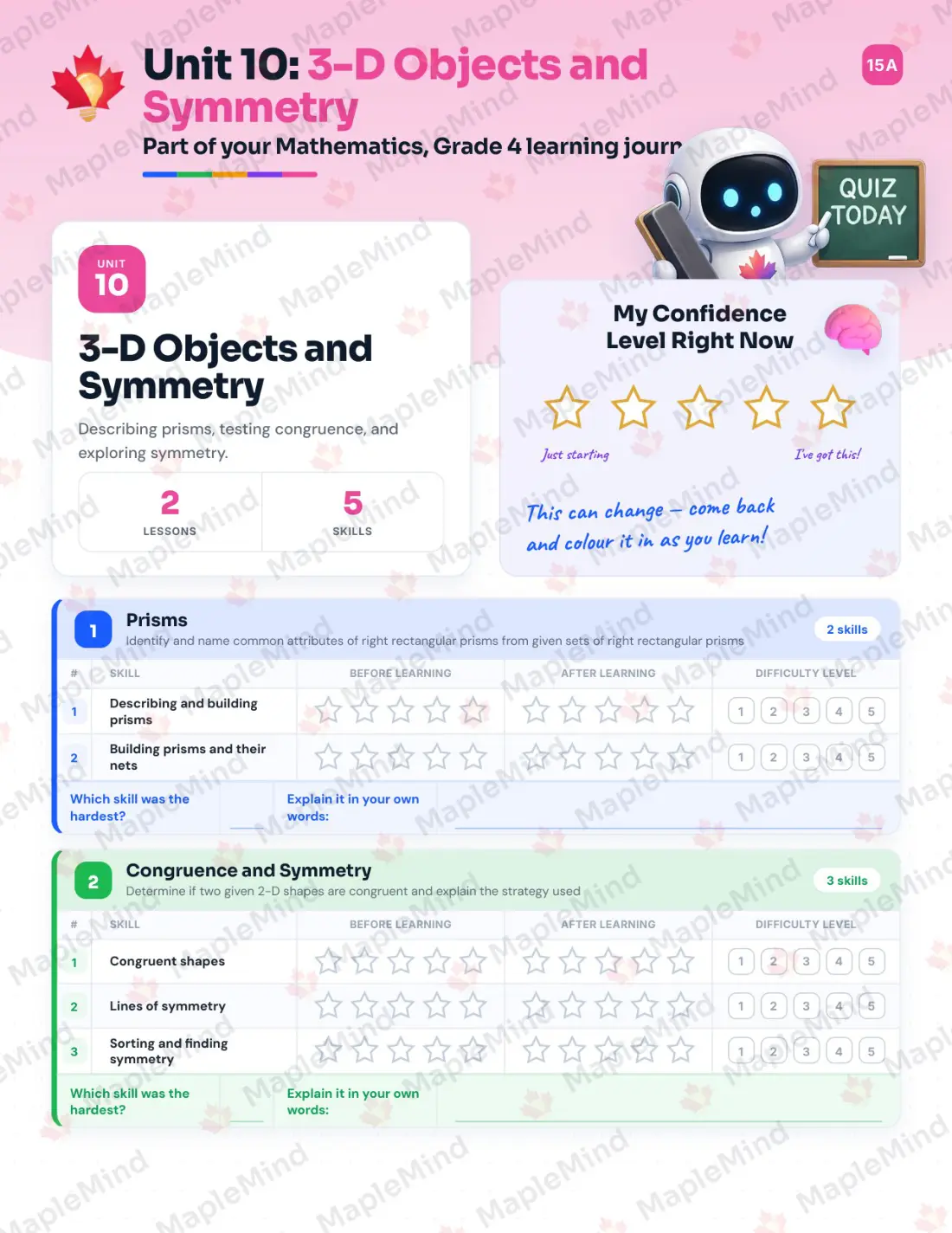 Page 35 of 51 from the Mathematics, Grade 4 Newfoundland and Labrador Course Companion — skills tracker with before and after self-assessment