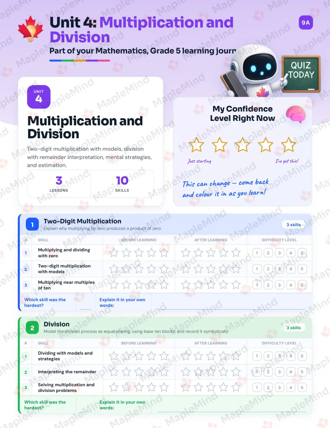 Page 16 of 52 from the Mathematics, Grade 5 Newfoundland and Labrador Course Companion — skills tracker with before and after self-assessment