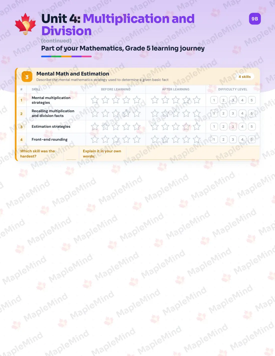 Page 17 of 52 from the Mathematics, Grade 5 Newfoundland and Labrador Course Companion — skills tracker with before and after self-assessment