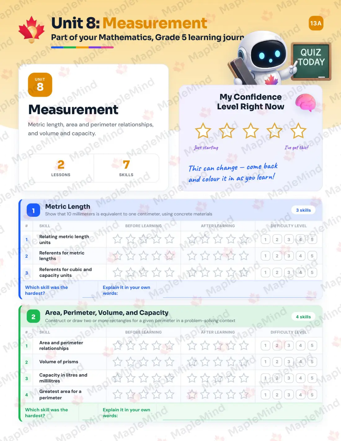 Page 29 of 52 from the Mathematics, Grade 5 Newfoundland and Labrador Course Companion — skills tracker with before and after self-assessment