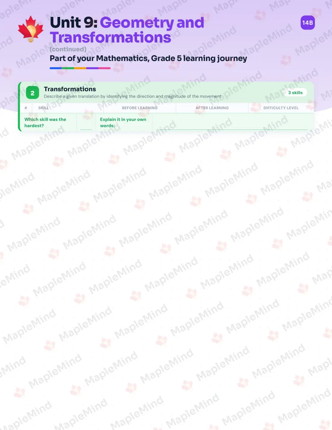 Page 33 of 52 from the Mathematics, Grade 5 Newfoundland and Labrador Course Companion — skills tracker with before and after self-assessment