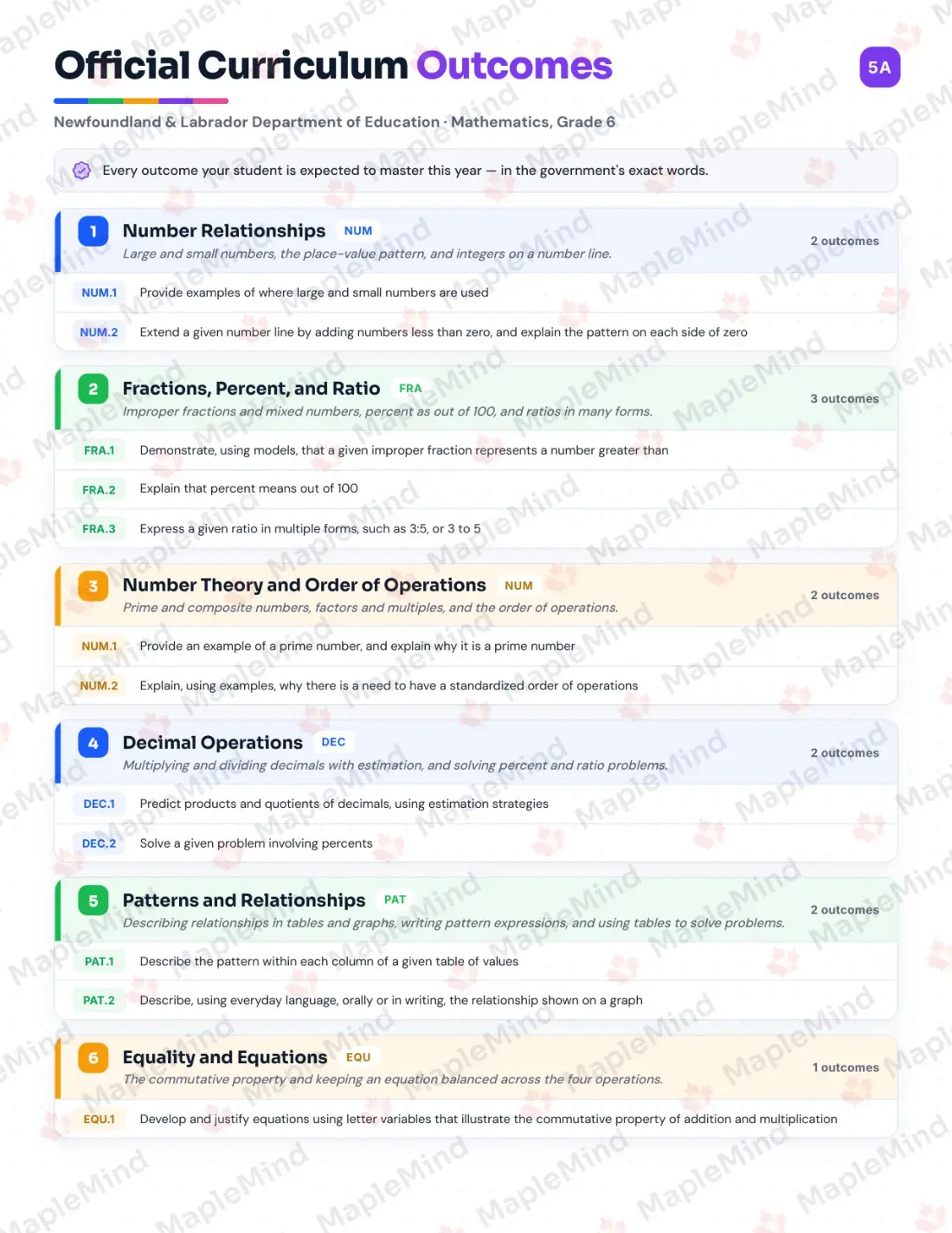 Page 5 of 49 from the Mathematics, Grade 6 Newfoundland and Labrador Course Companion — official Newfoundland and Labrador curriculum outcomes checklist