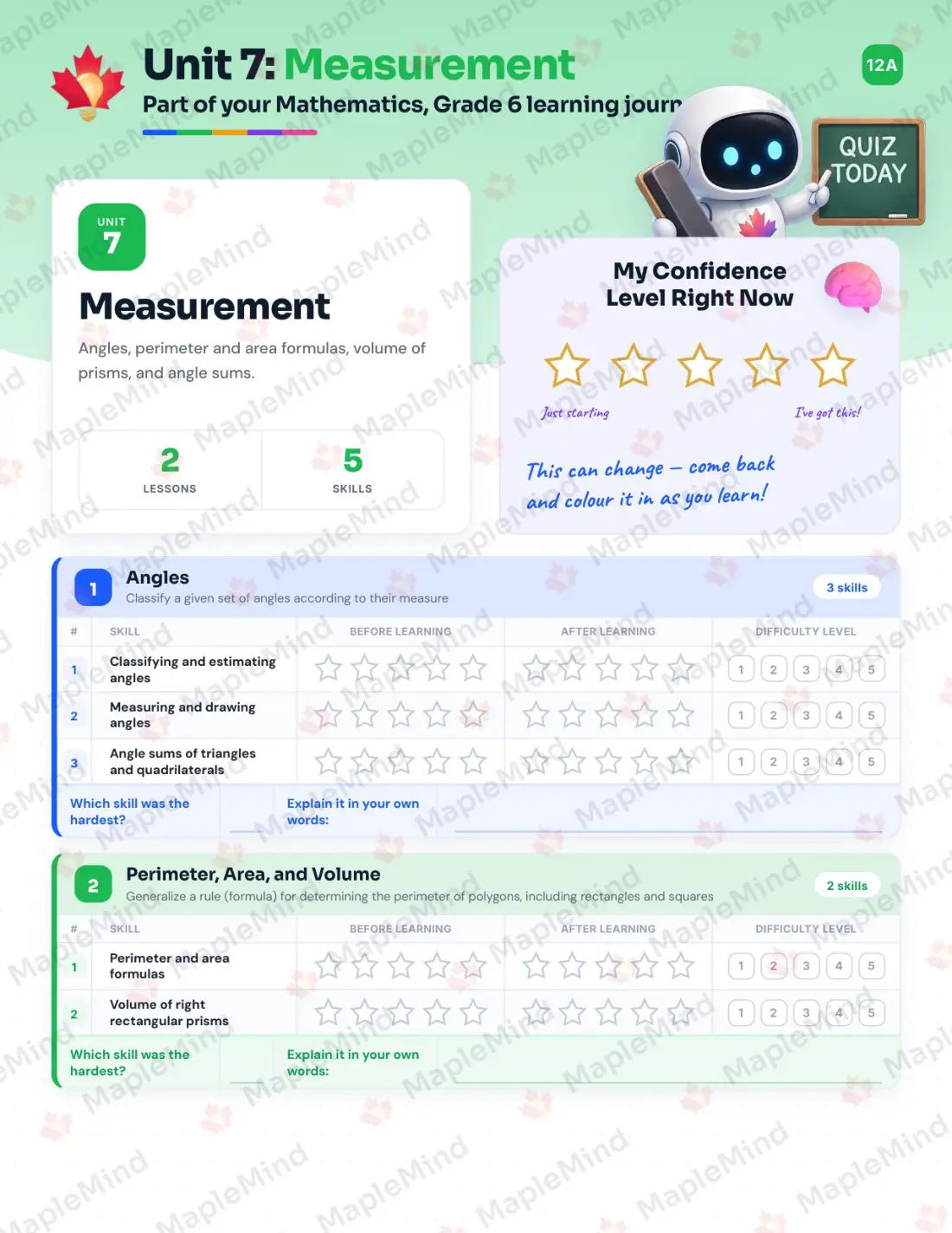 Page 26 of 49 from the Mathematics, Grade 6 Newfoundland and Labrador Course Companion — skills tracker with before and after self-assessment