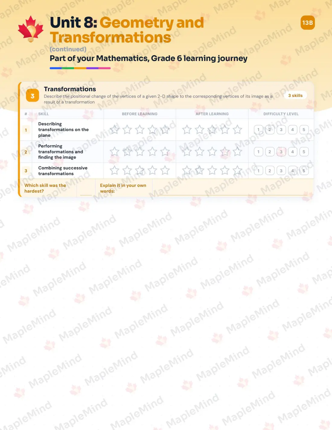 Page 30 of 49 from the Mathematics, Grade 6 Newfoundland and Labrador Course Companion — skills tracker with before and after self-assessment