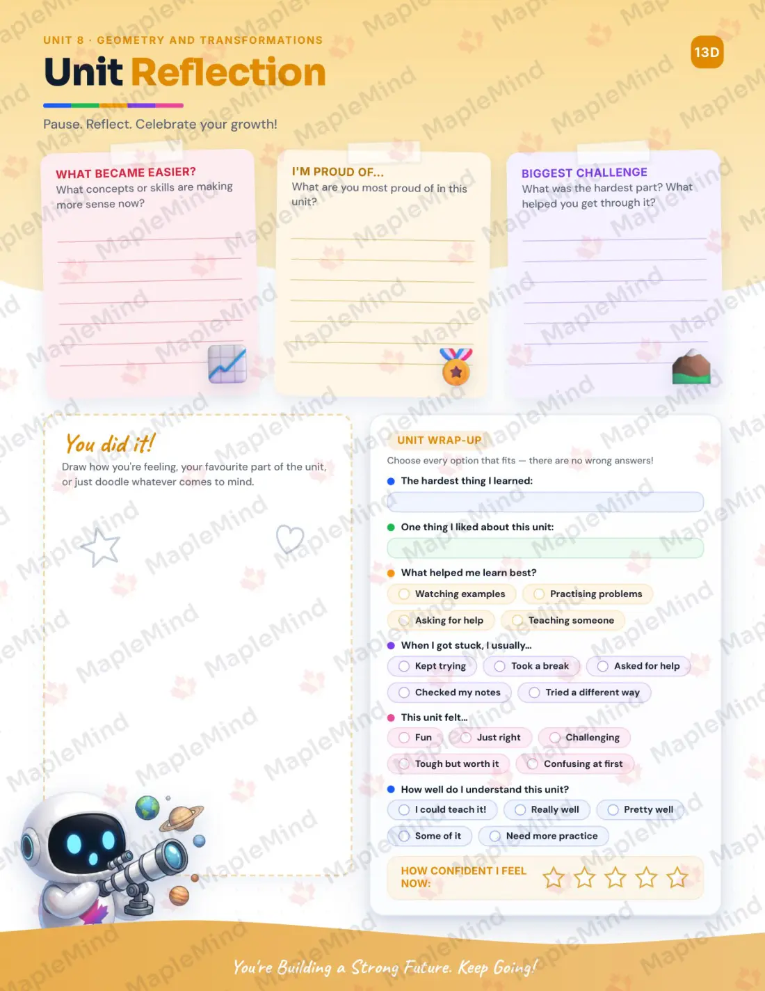 Page 32 of 49 from the Mathematics, Grade 6 Newfoundland and Labrador Course Companion — skills tracker with before and after self-assessment