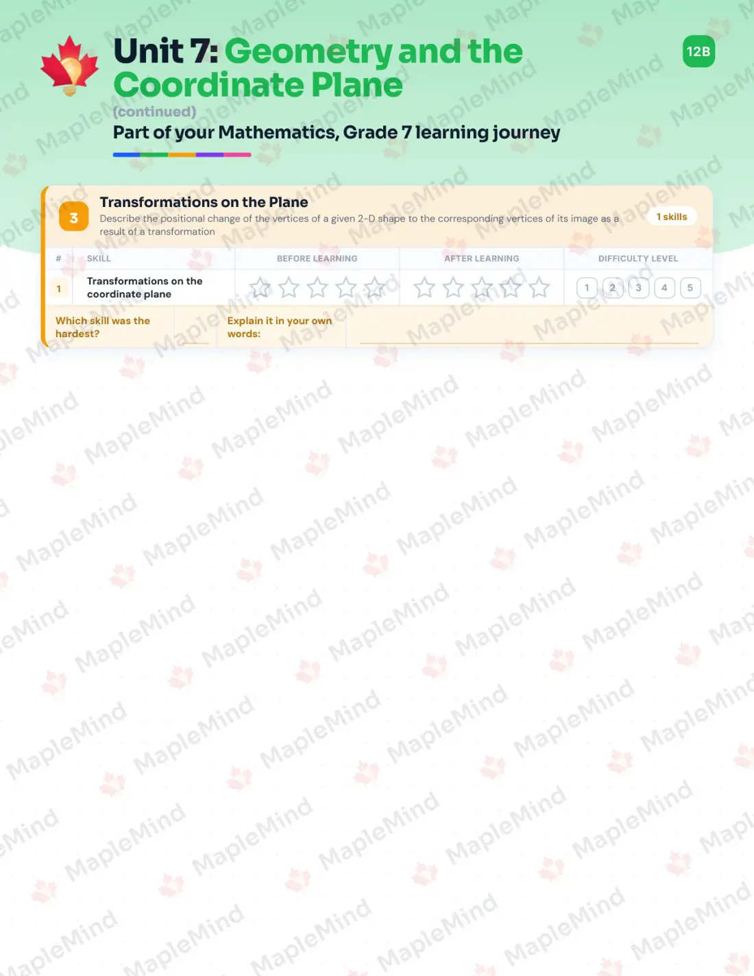 Page 27 of 45 from the Mathematics, Grade 7 Newfoundland and Labrador Course Companion — skills tracker with before and after self-assessment