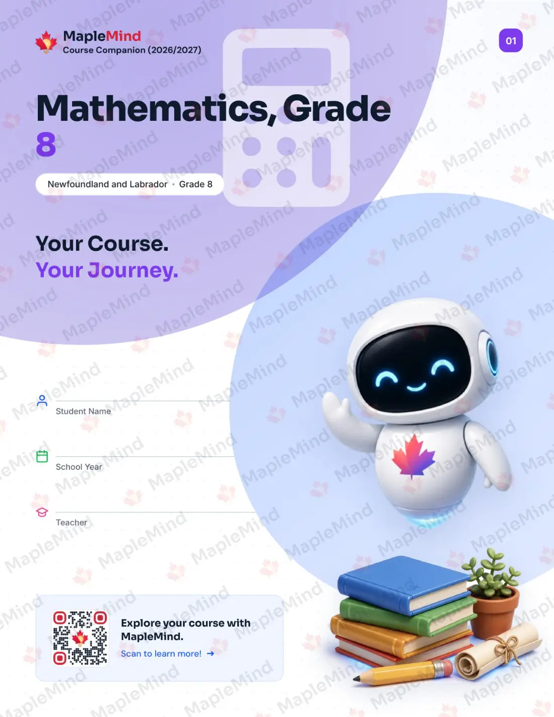 Page 1 of 43 from the Mathematics, Grade 8 Newfoundland and Labrador Course Companion — workbook cover
