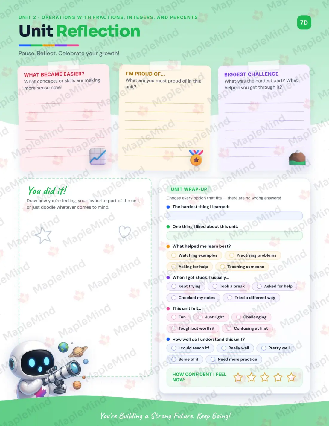 Page 14 of 43 from the Mathematics, Grade 8 Newfoundland and Labrador Course Companion — skills tracker with before and after self-assessment