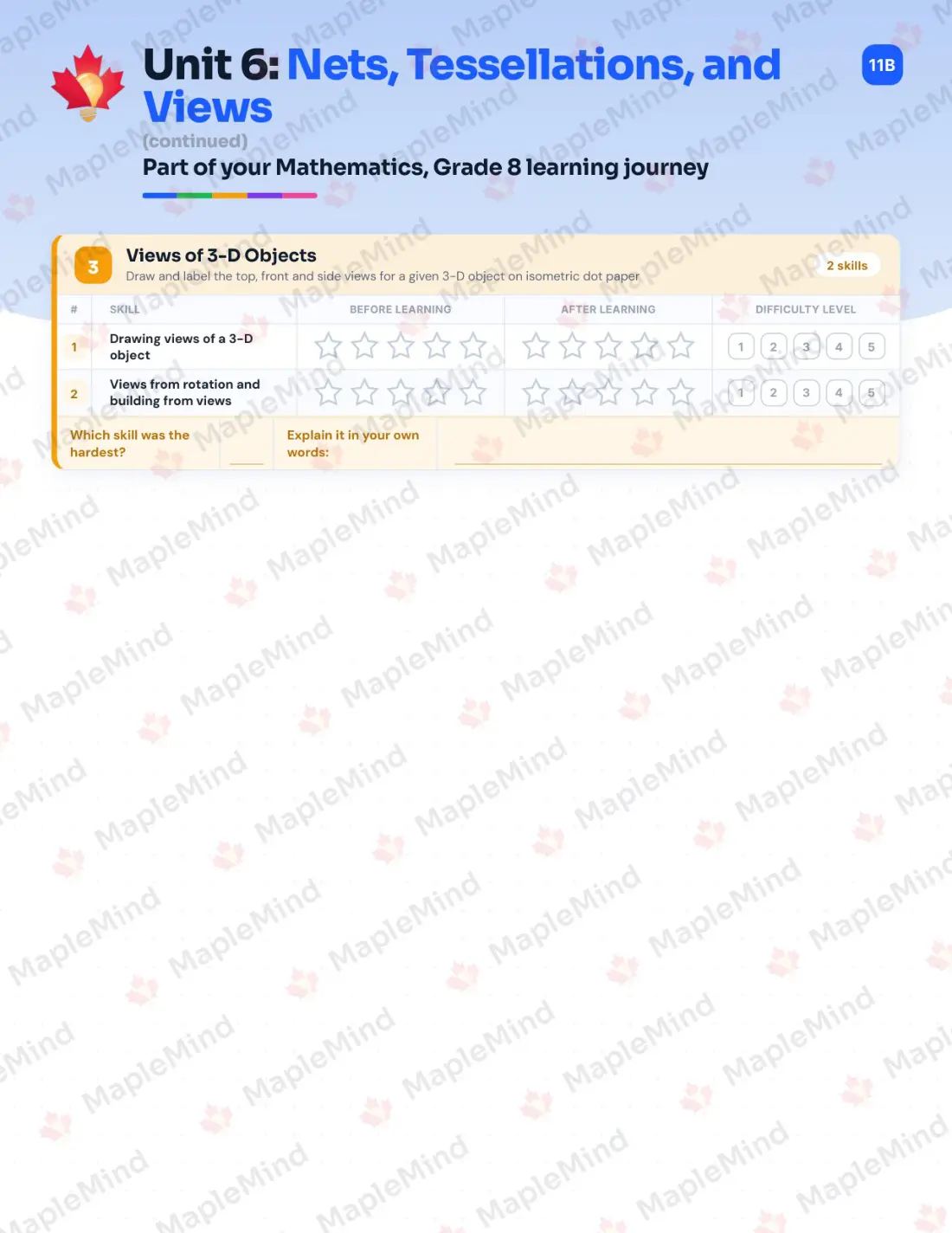 Page 25 of 43 from the Mathematics, Grade 8 Newfoundland and Labrador Course Companion — skills tracker with before and after self-assessment