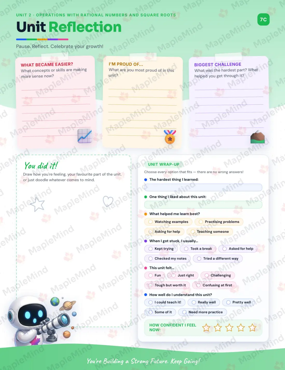 Page 12 of 42 from the Mathematics, Grade 9 Newfoundland and Labrador Course Companion — skills tracker with before and after self-assessment
