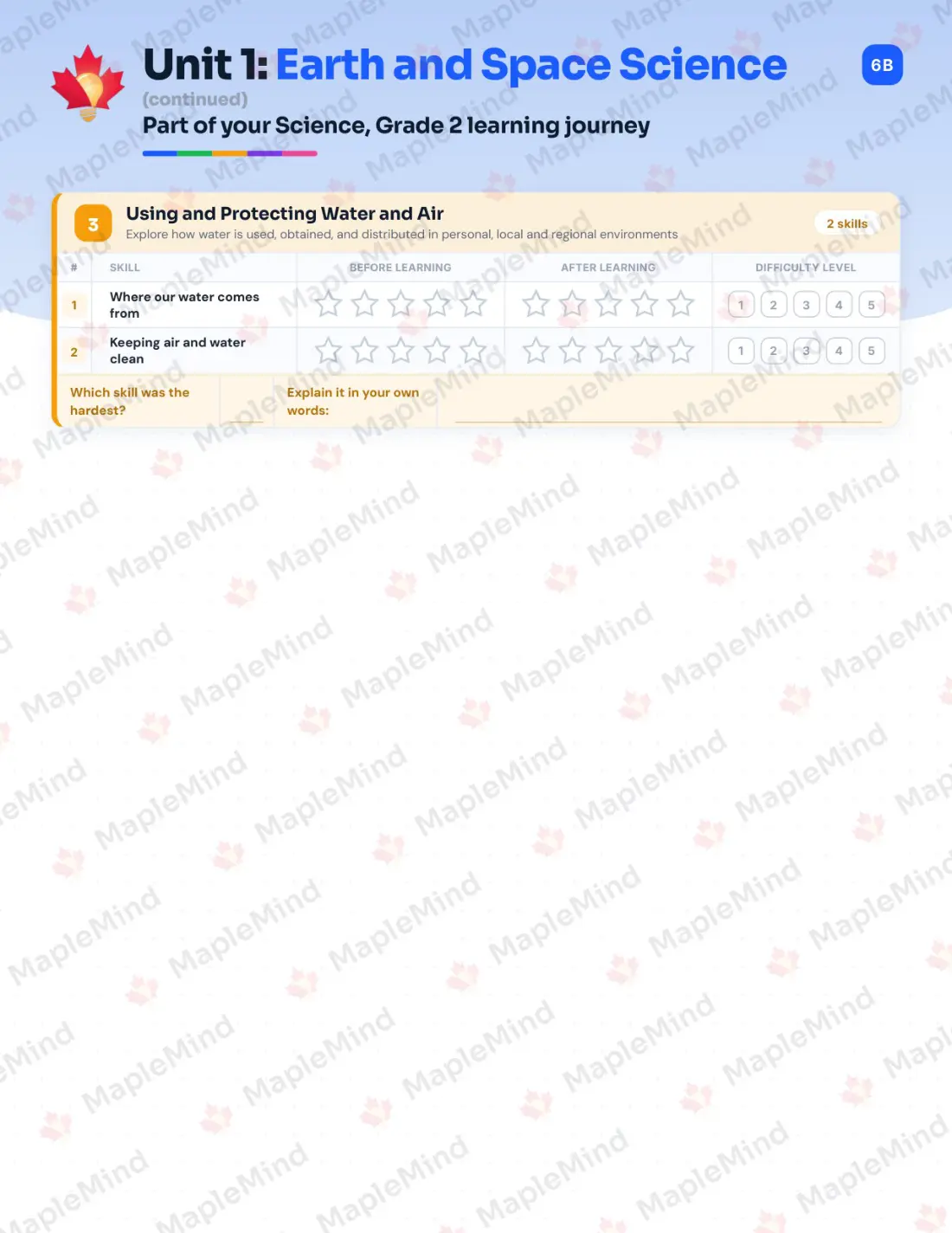 Page 7 of 24 from the Science, Grade 2 Newfoundland and Labrador Course Companion — skills tracker with before and after self-assessment