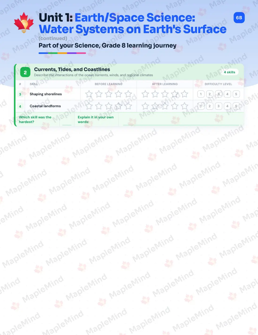 Page 7 of 30 from the Science, Grade 8 Newfoundland and Labrador Course Companion — skills tracker with before and after self-assessment